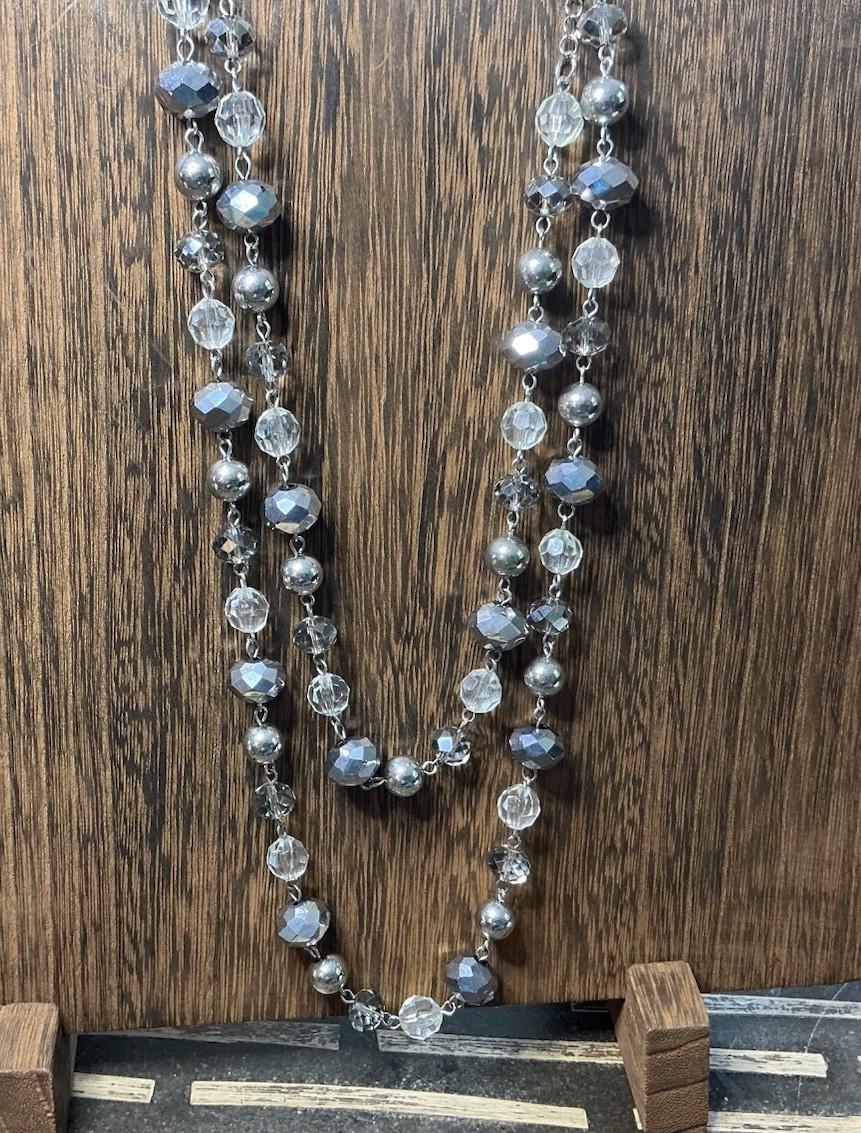 Layered Gray Faux Pearl & Clear Round Crystal Beaded Necklace Charm Adjustable