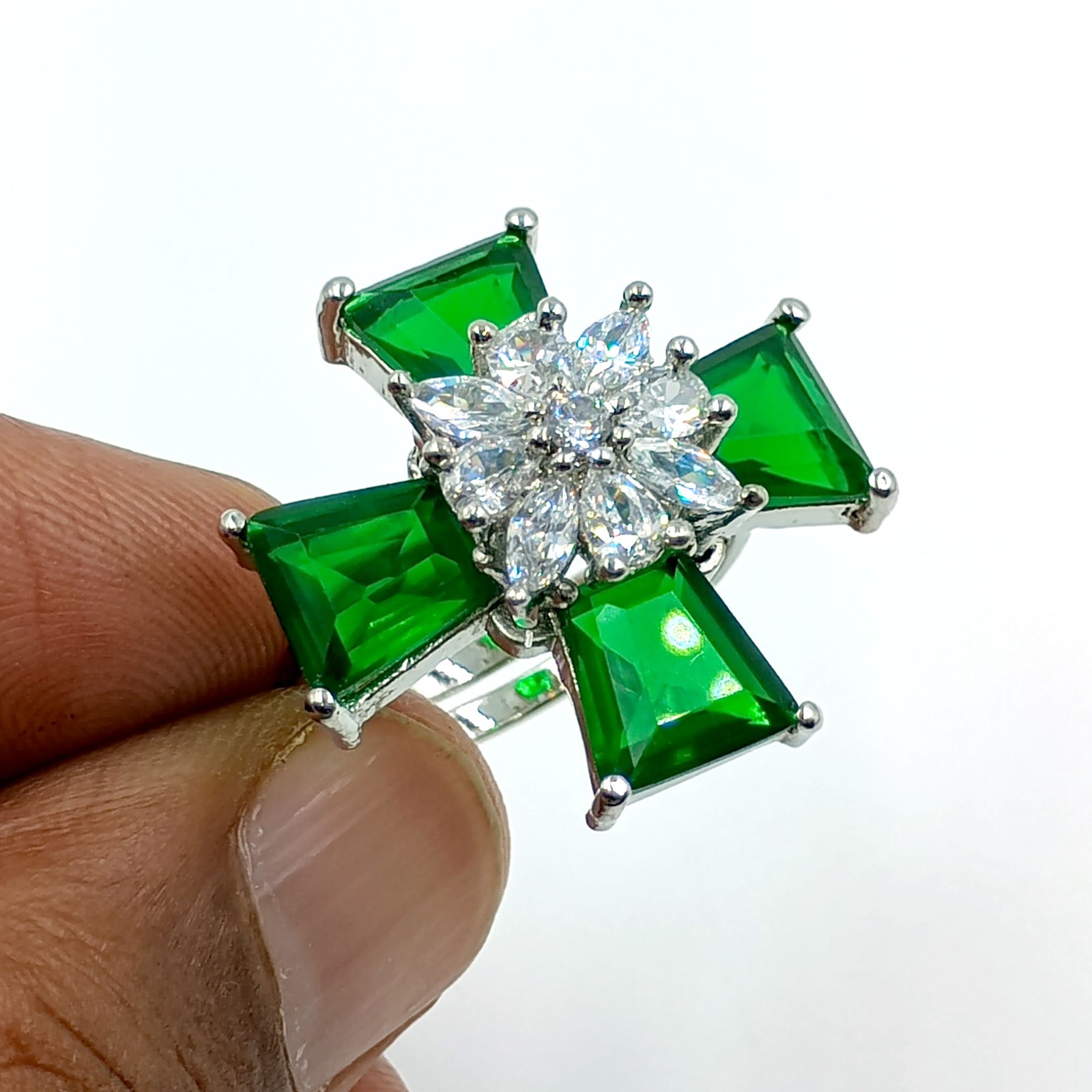 Elegant Green Stone Cross Ring White Plated Cubic Zirconia Adjustable Band Gift