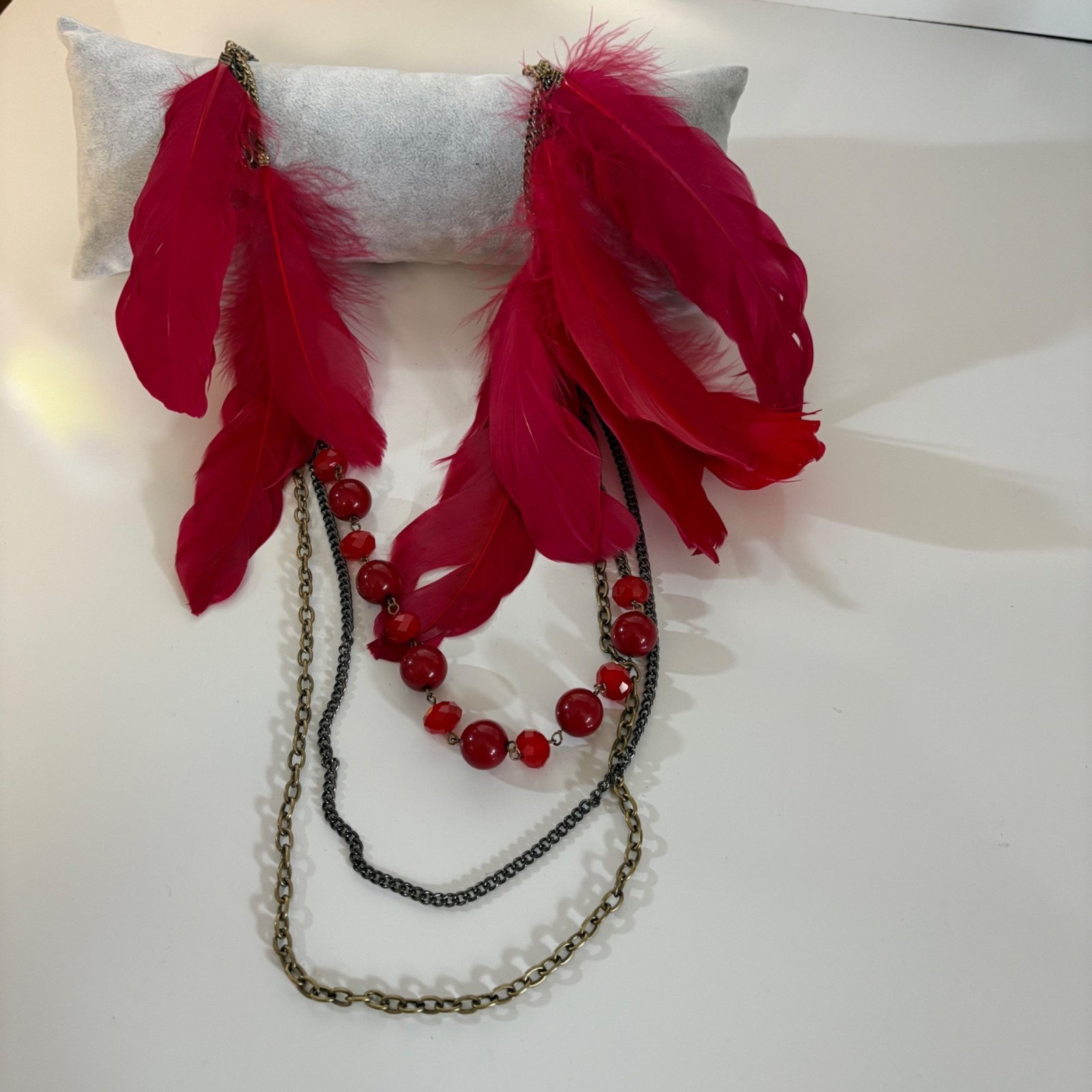 Multilayer Red Feather and Beaded Statement Necklace Antique Metal Finish Chains