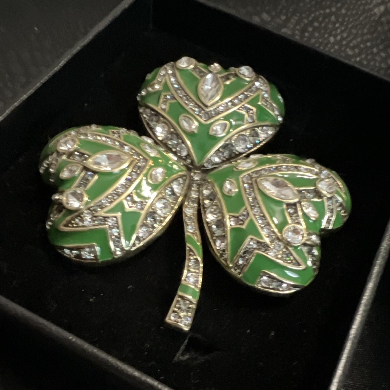 Heidi Daus Signed Green Enamel Crystal Pavé Clover Brooch Pin Luck Theme