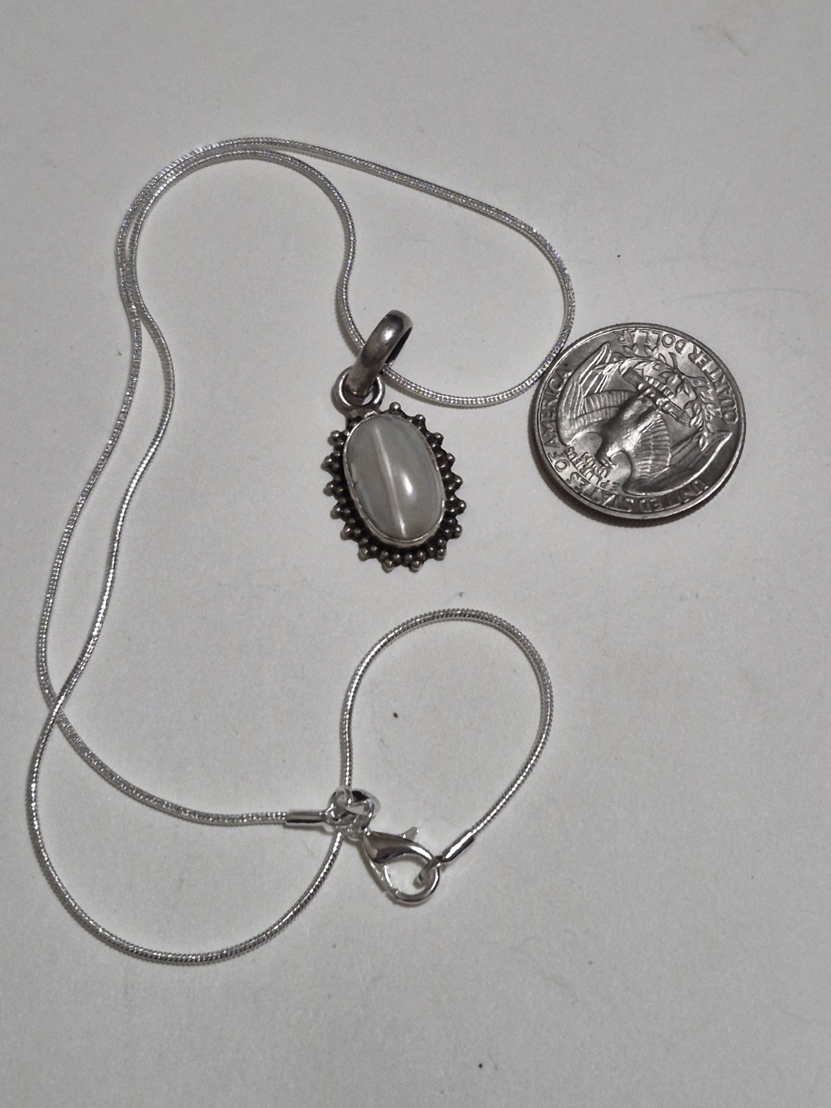 925 Sterling Silver White Moonstone Oval Bezel Charm Pendant Snake Chain Signed