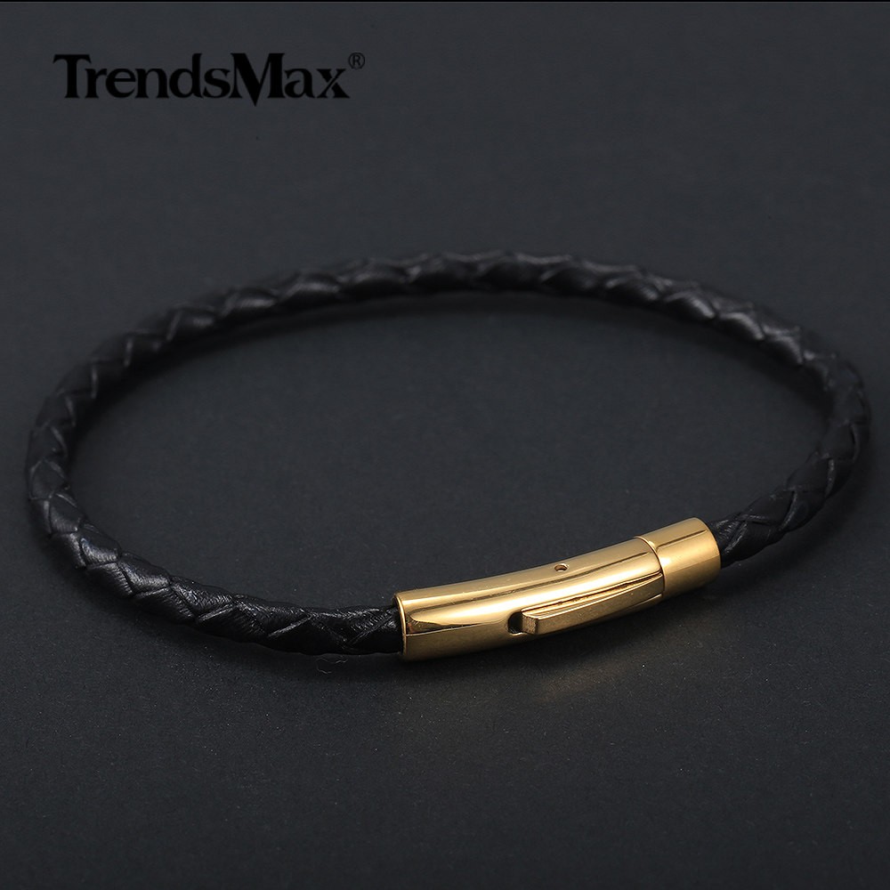4MM Black Braided Leather Rope Necklace Bracelet Set with Gold Plated Push Lock