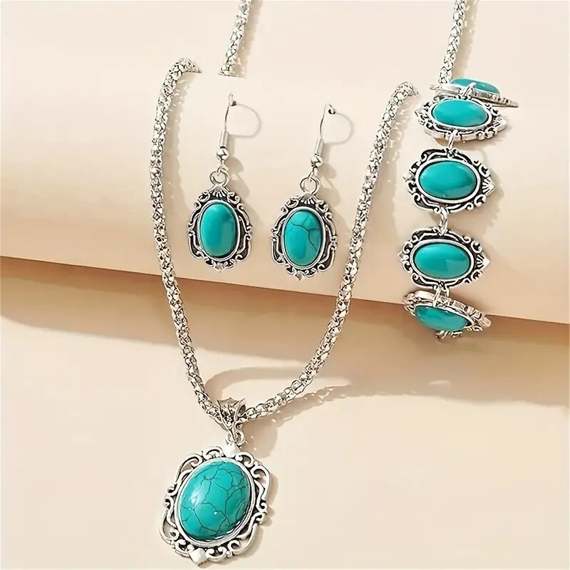 3 pcs Dangle Earrings, Necklace, Bracelet Zinc Alloy Jewelry Set pu Turquoise