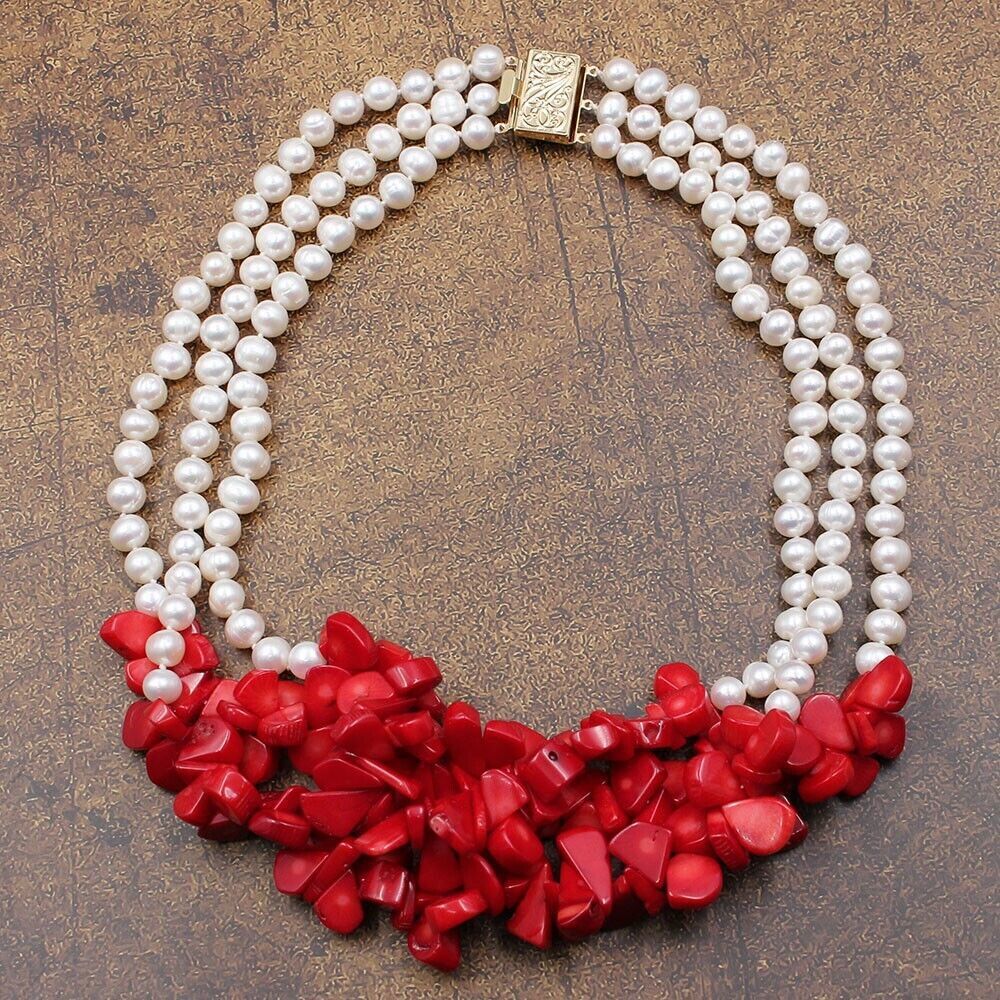 3 Rows Red Coral Natural White Keshi Round Pearl Necklace Handmade For Lady Gift