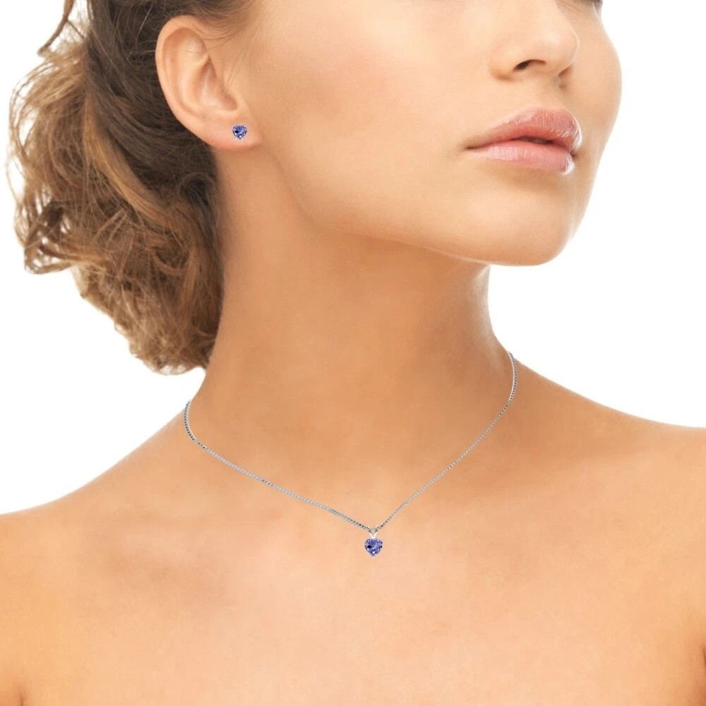 Heart Solitaire Simulated Tanzanite Necklace and Stud Earrings Set in 925 Silver