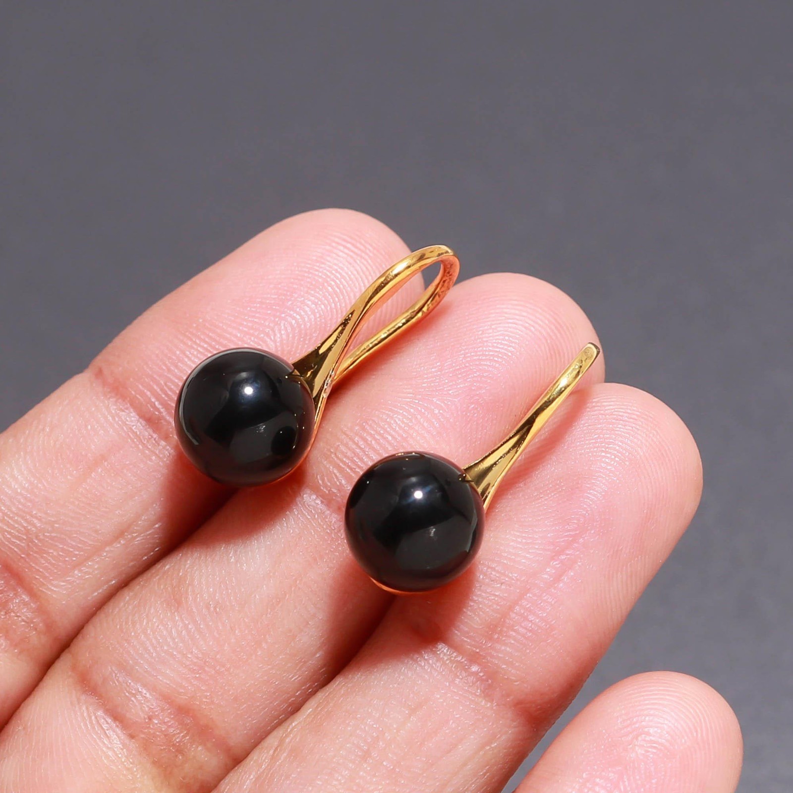 Natural Black Onyx Ball Dangle Earrings Gold Plated 925 Sterling Silver Jewelry