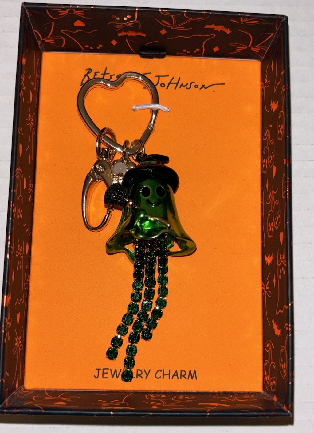 Betsey Johnson Halloween Green Witch Ghost Broom Jewelry Bag Charm NIB