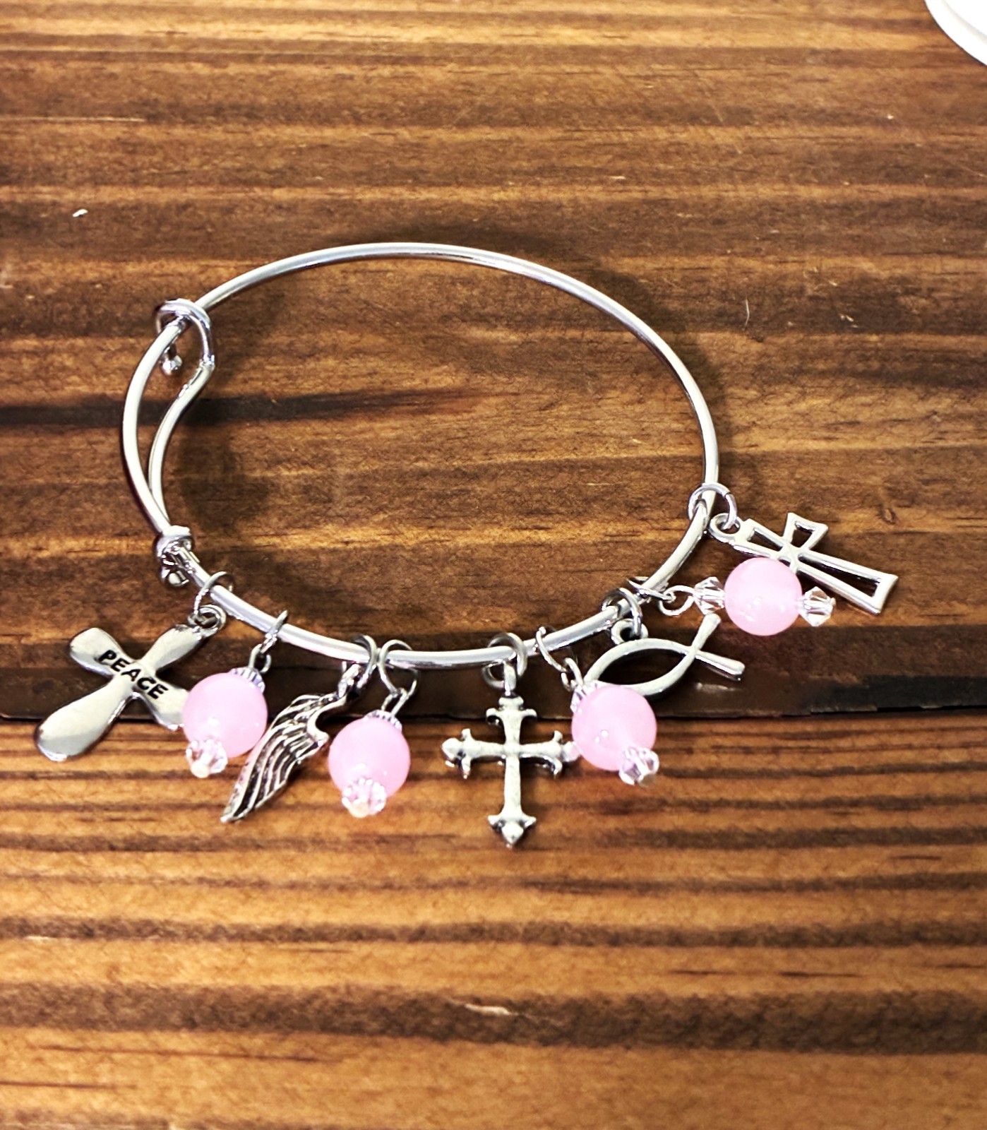 Cross Pink Glass Pearl Adjustable Silver tone Charm Bracelet