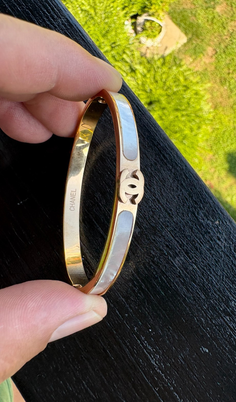 CHANEL CC Mother of Pearl Bangle Bracelet Gold Tone Hinged Cuff