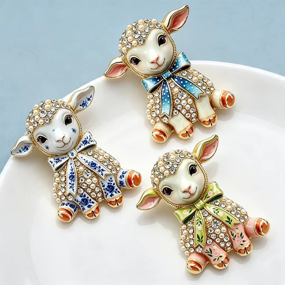 Rhinestone Lamb Brooch Pearl Crystal Sheep Pin Gold Tone Animal Jewelry Gift