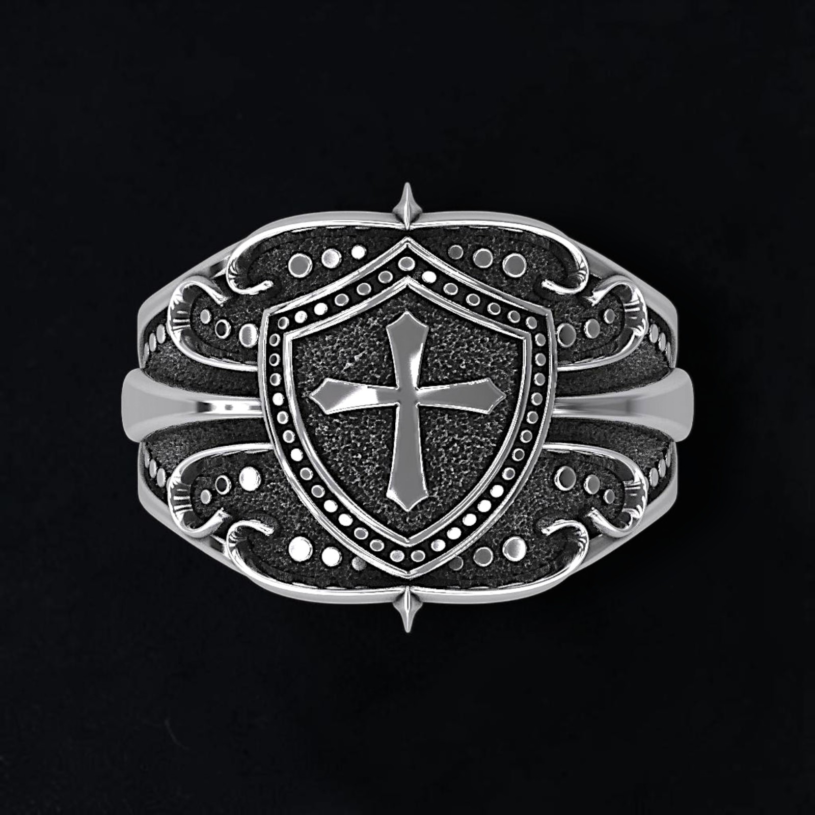 Men’s 925 Sterling Silver Knight Shield Cross Ring | Medieval Crusader