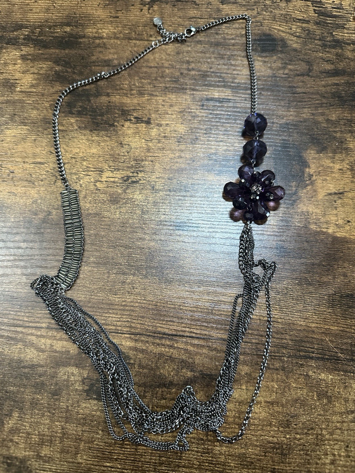 Simply Vera Wang Gray Metallic Multi Chain Beaded Purple Flower Long Necklace