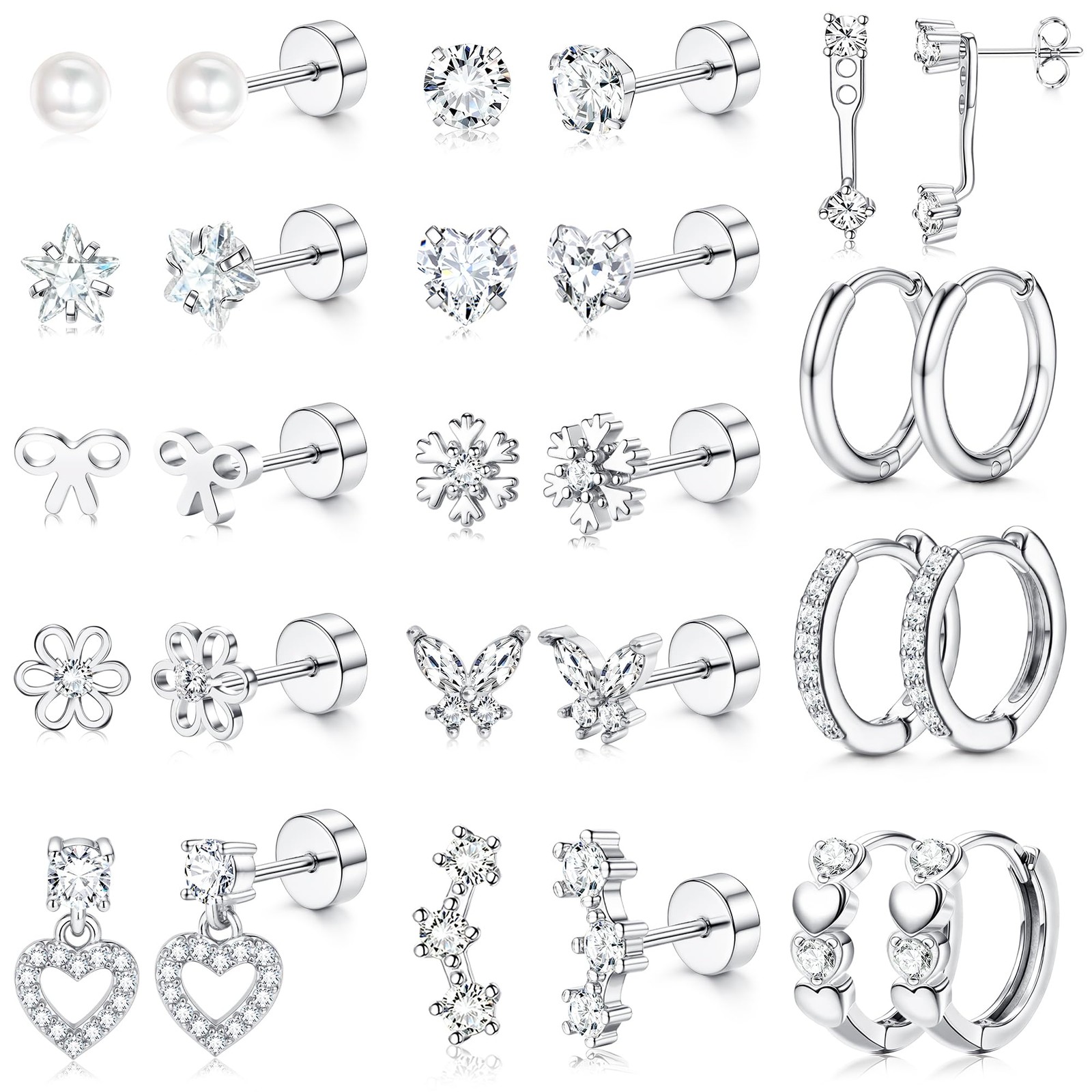 LOLIAS Hypoallergenic Flat Back Earrings for 10 millimeters, Silver+White CZ
