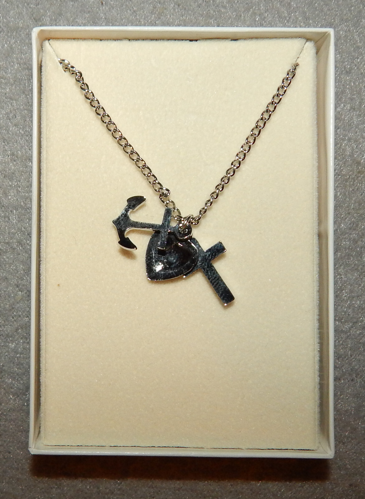 Vintage Necklace – 17″ chain, 1/2″ Faith (Cross), Hope (Anchor), Charity (Heart)