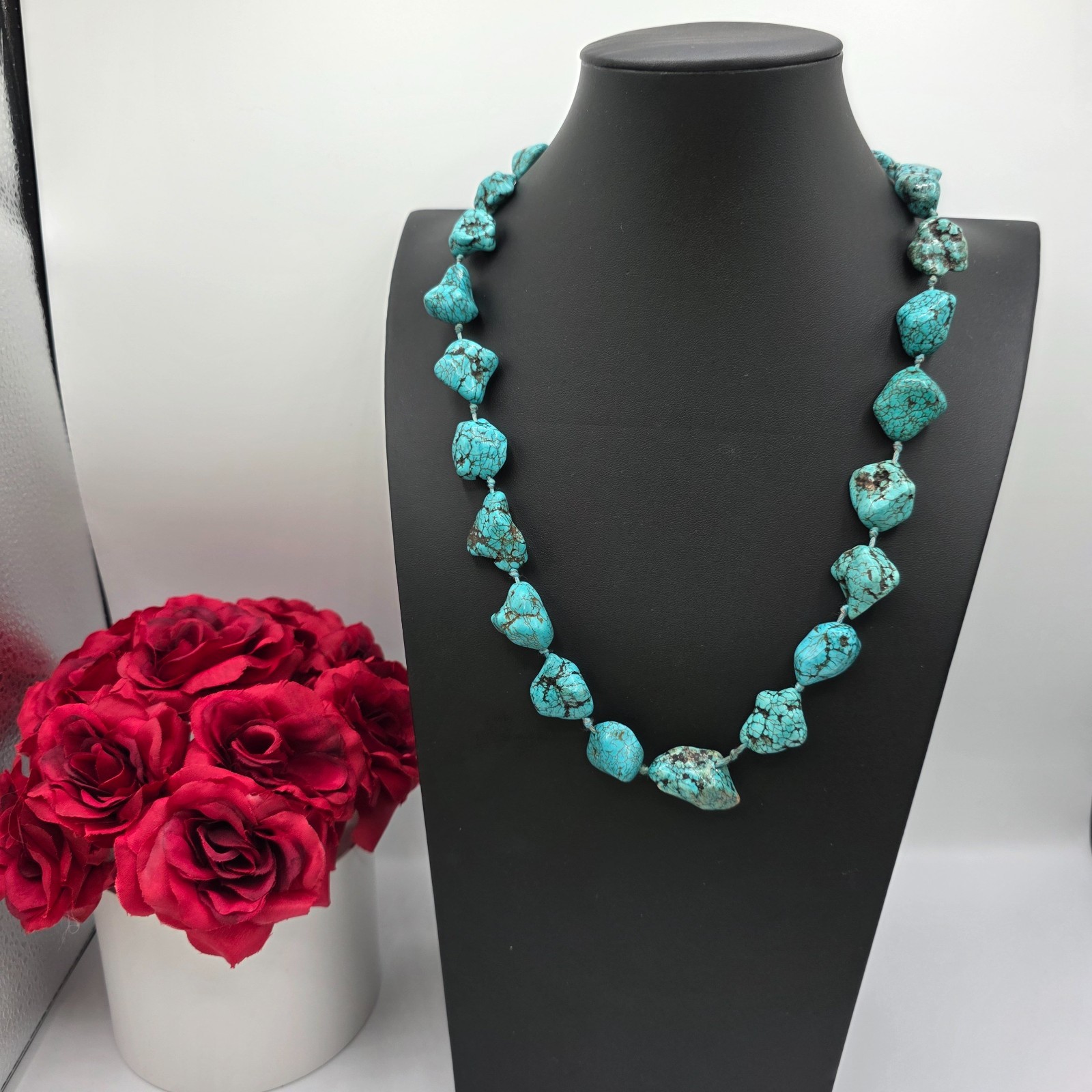 Silver Tone Turquoise Blue Nuggets Chunky Stone Necklace Push Lock 25″ Bold