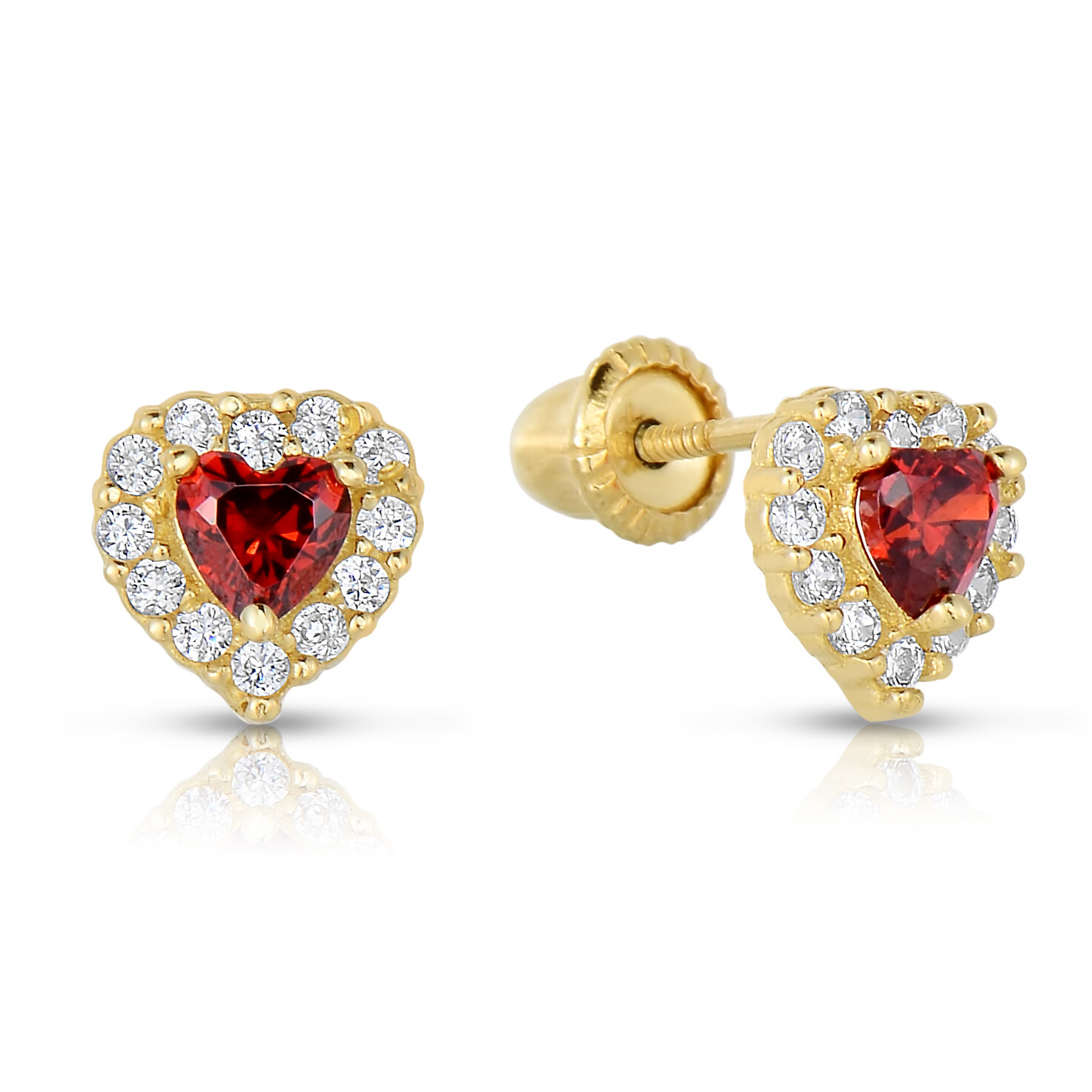 14K Real Solid Gold Heart Halo Birthstone CZ Sleeper Studs Earrings Screw-back