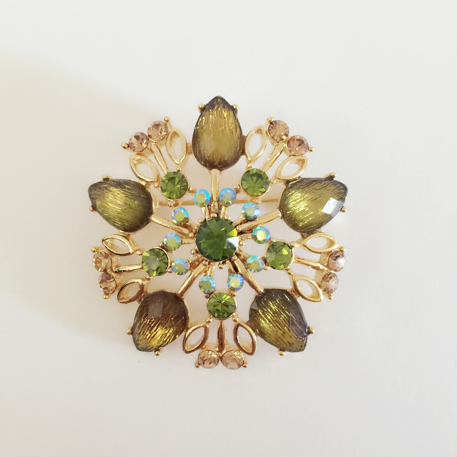 New Olive Green Clear Double Oval Flower Good Fortune Crystals Brooch Pin BR1422