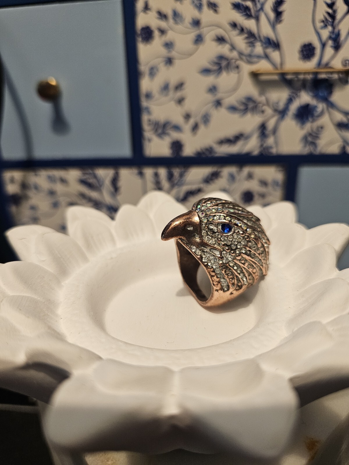 ST & Crystal Eagle Ring W/ Blue Sapphire Rhinestone Eyes, Aurora Borealis Crown