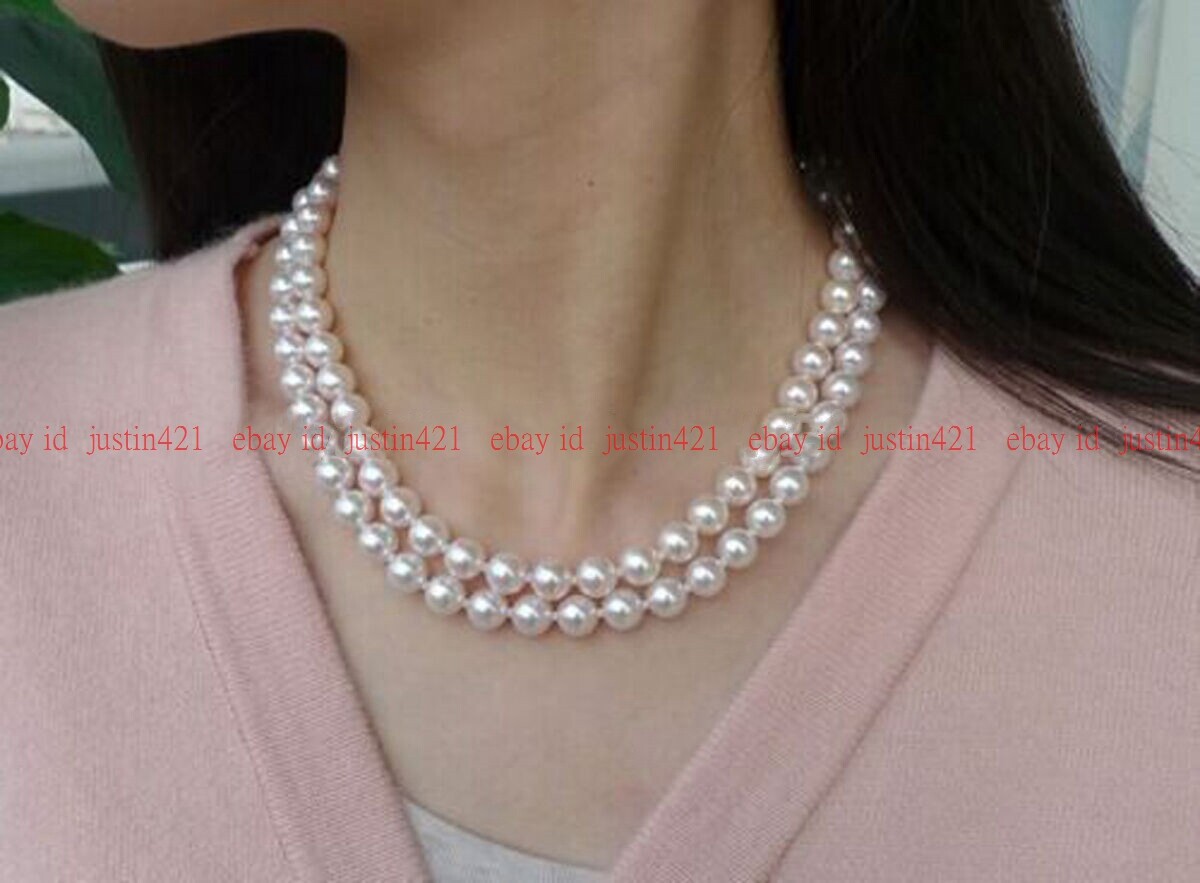 Real 2 Strands 7-8mm Cultured Natural White Round Pearl Necklace 14K 17-18 Inch