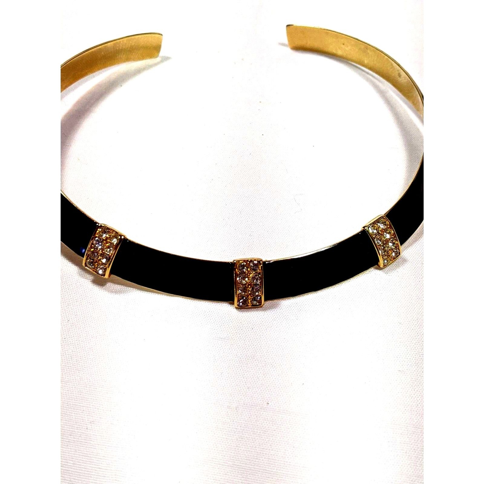 1980s Art Deco Revival Collar Black Enamel Gold Tone Rhinestones Choker Necklace