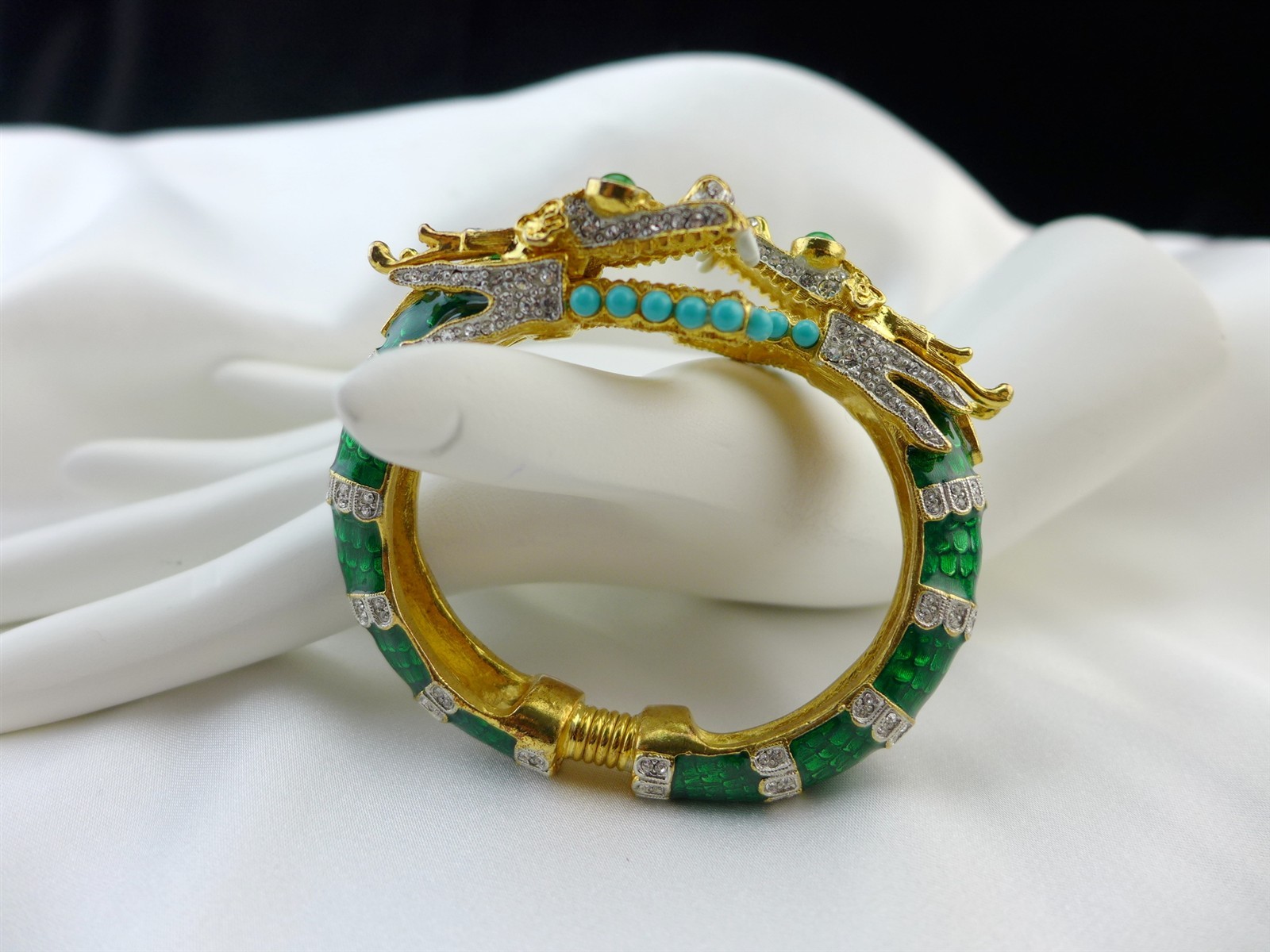 KJL Kenneth Jay Lane Jeweled Enameled Twin Headed Dragon Bangle Cuff Bracelet