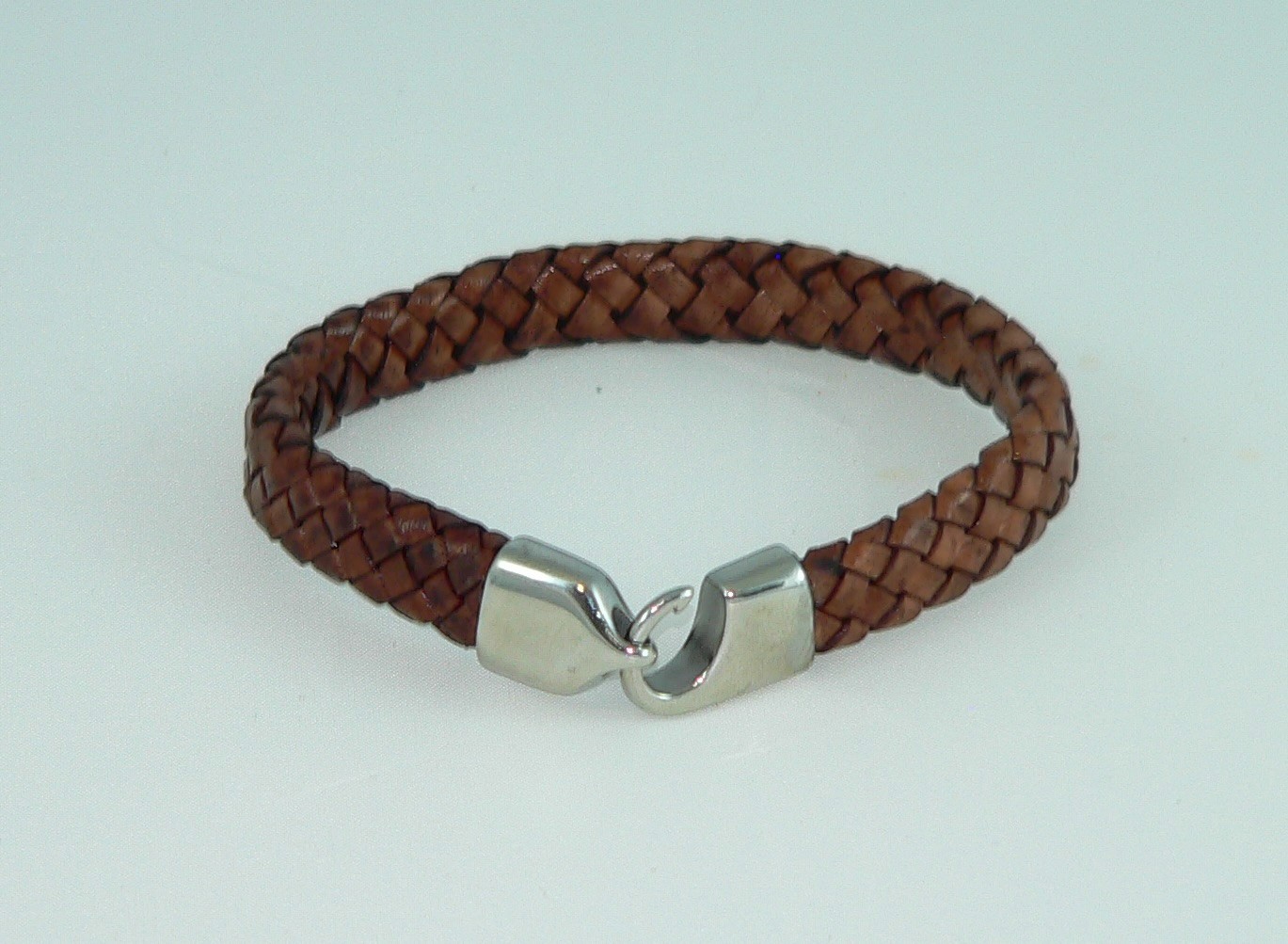 Men’s Flat Braided Brown Leather Bracelet with Stainless Steel Clasp, 7-10″