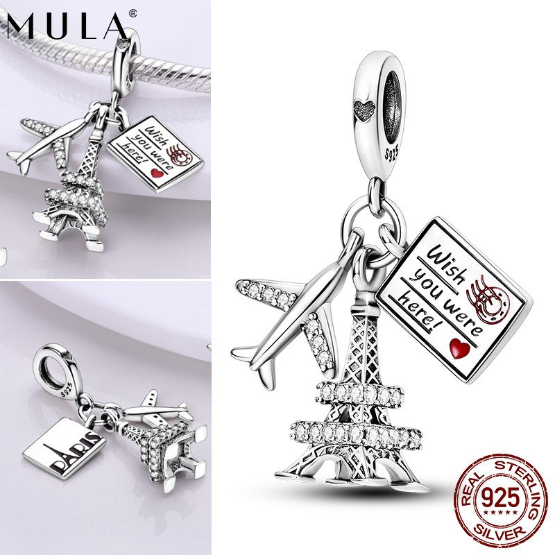 MULA Original 925 Sterling Silver Airplane Eiffel Tower Charm CZ Fit Bracelet