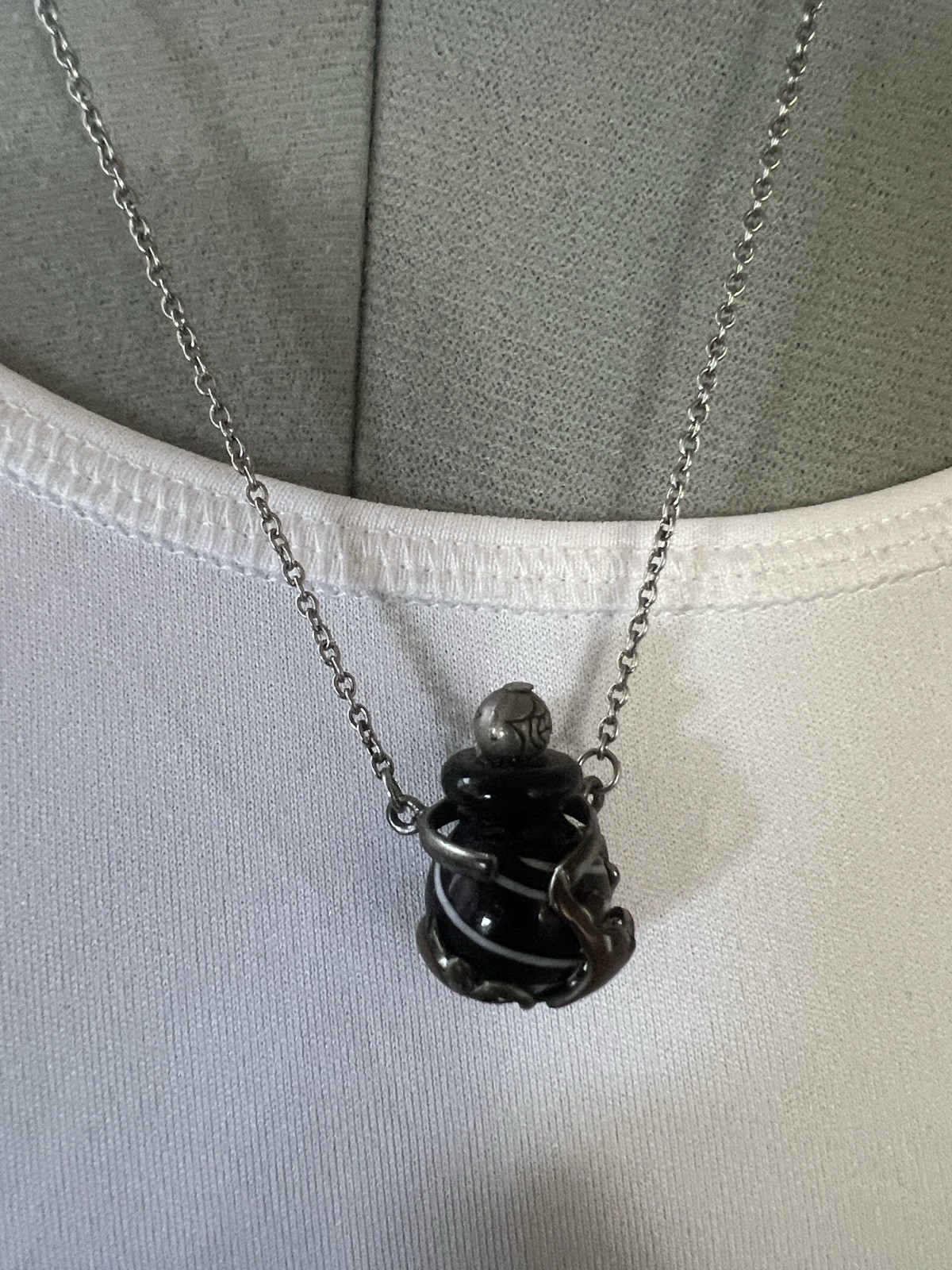 Silver Tone Cable Chain Necklace, Black Round Wrap Charm Pendant, Lobster