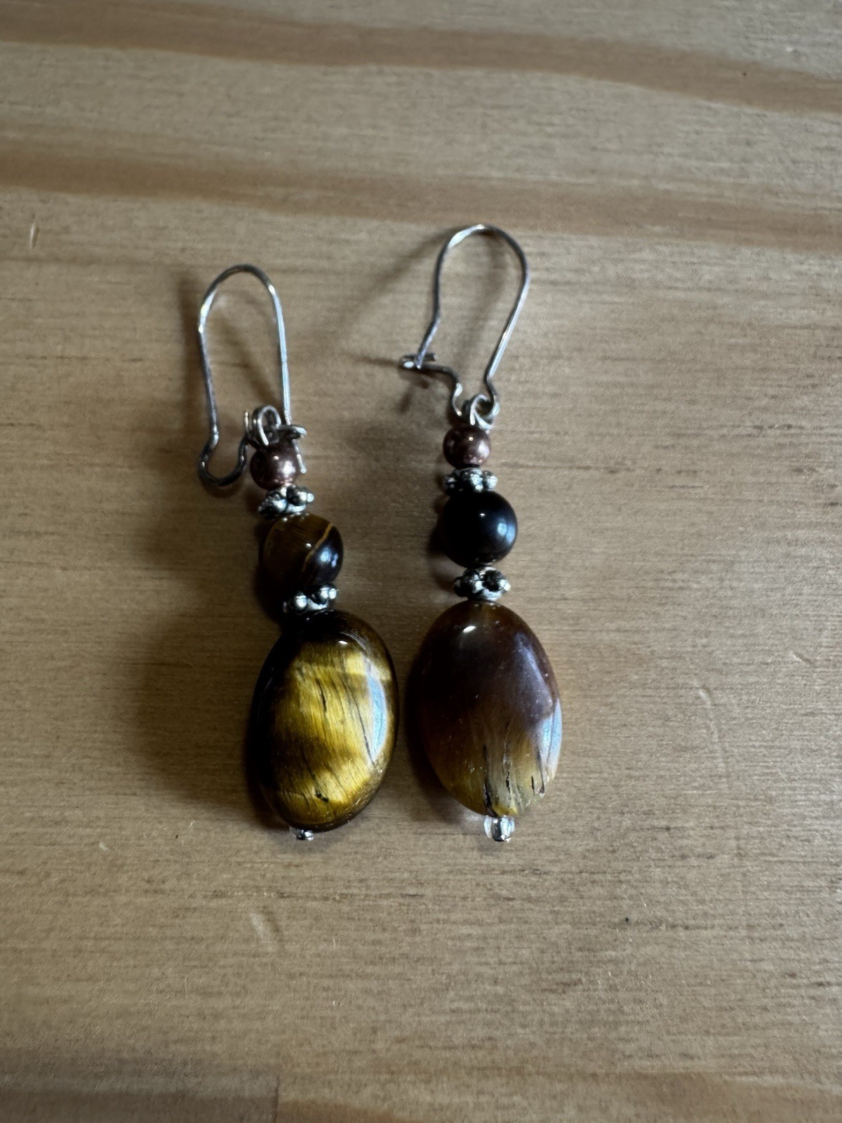 Handmade Tiger’s Eye & Hematite Leverback Dangle Drop Earrings Silver Brown/Gold