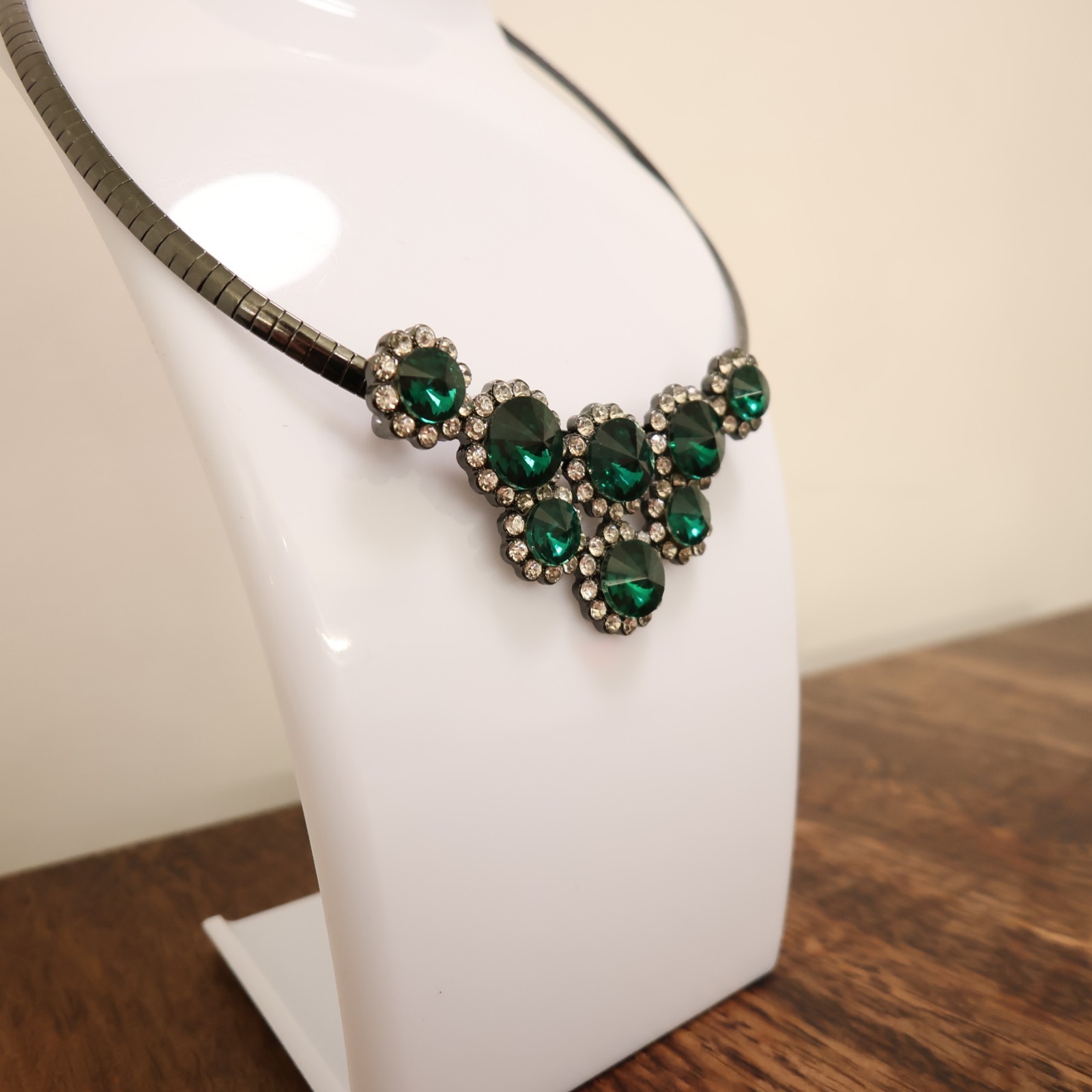 Green crystals necklace statement cluster pendant gunmetal tone collar