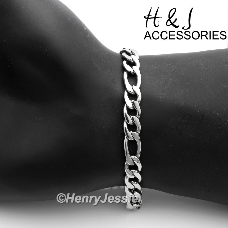 7″-11″MEN WOMEN 316 L Stainless Steel 8mm Silver Figaro Link Chain Bracelet