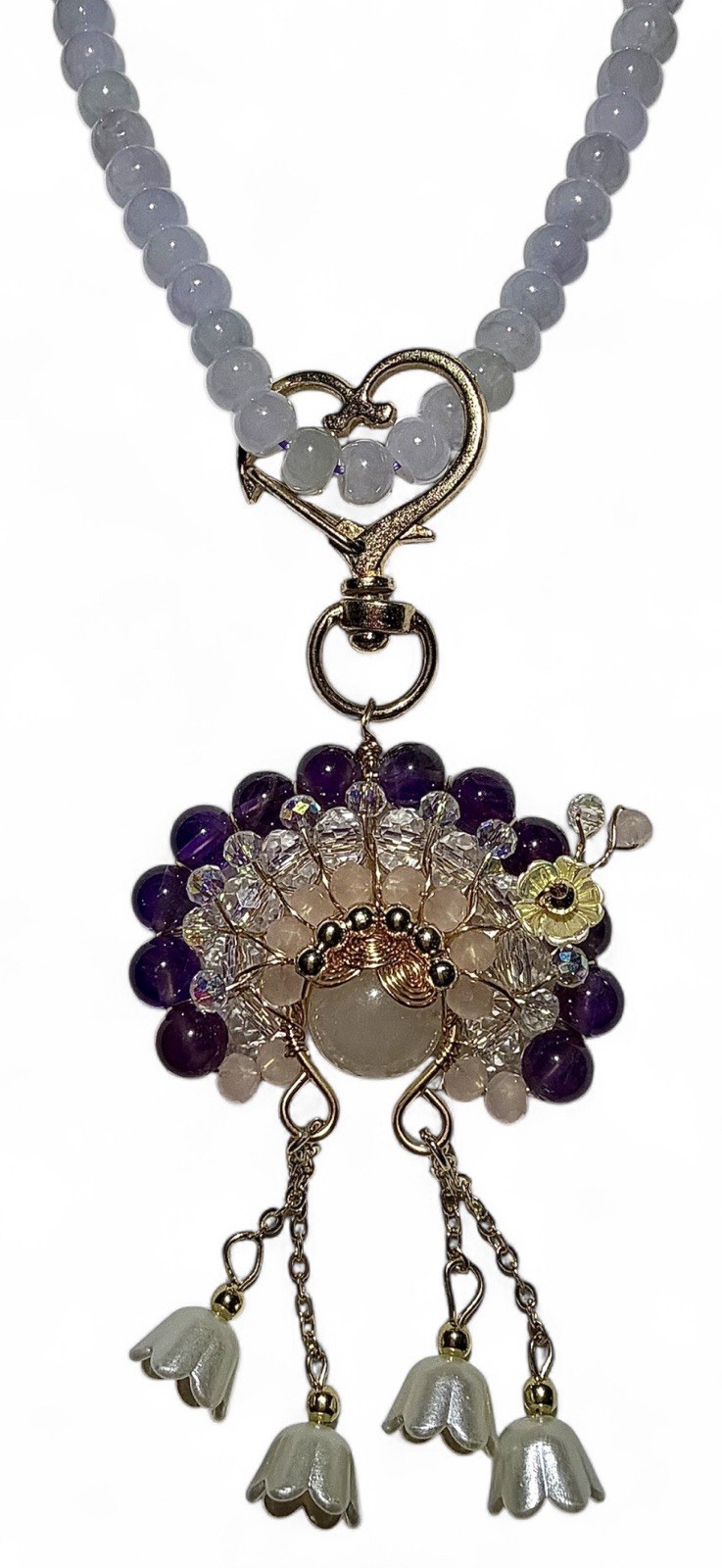 Natural Purple Jade Round Beaded Pendant Necklace w/ Quartz Dangle Charm