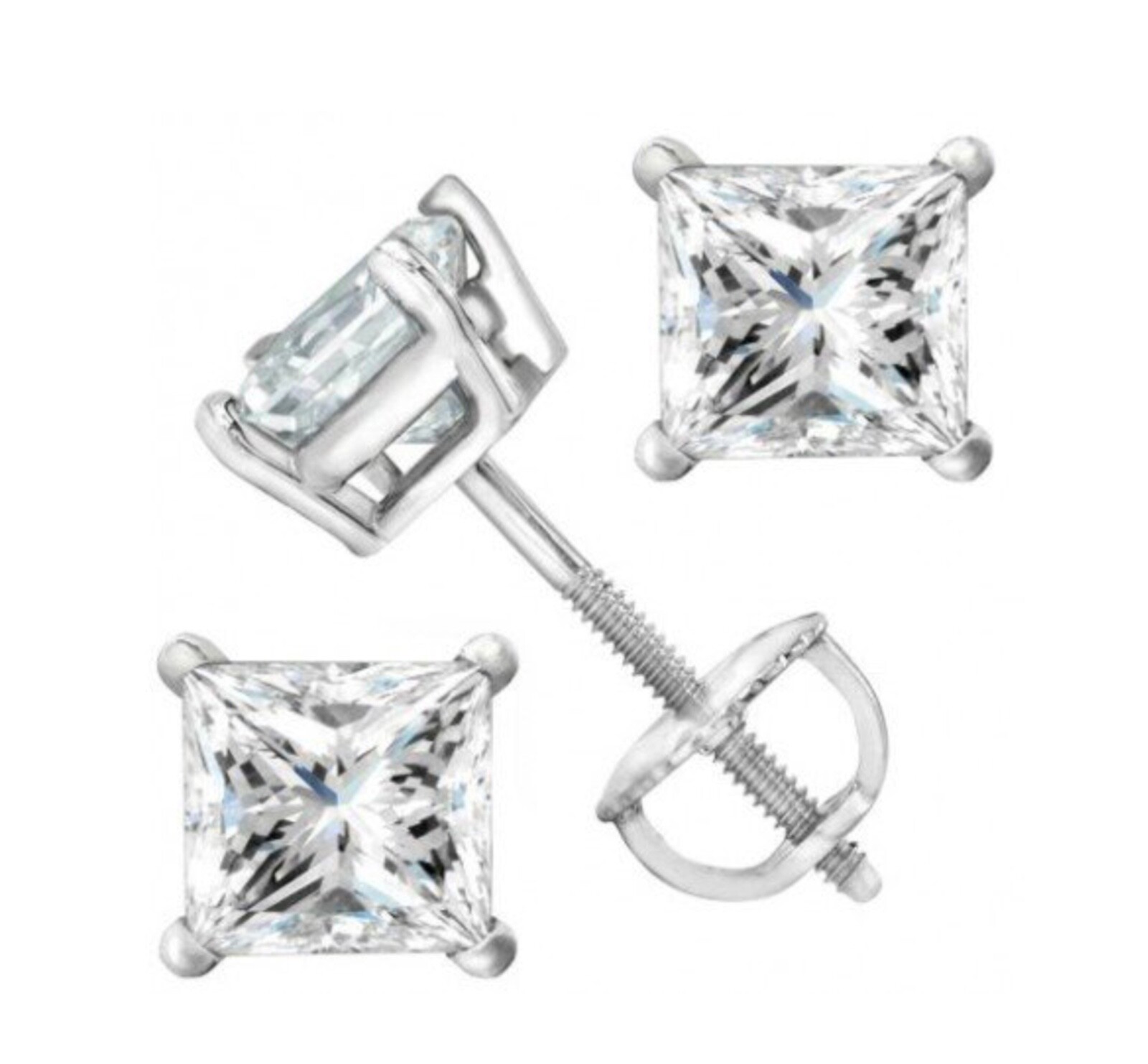 2.00 Ct. Princess Cut Stud Earrings w/Screw Back 14K White Gold Ideal