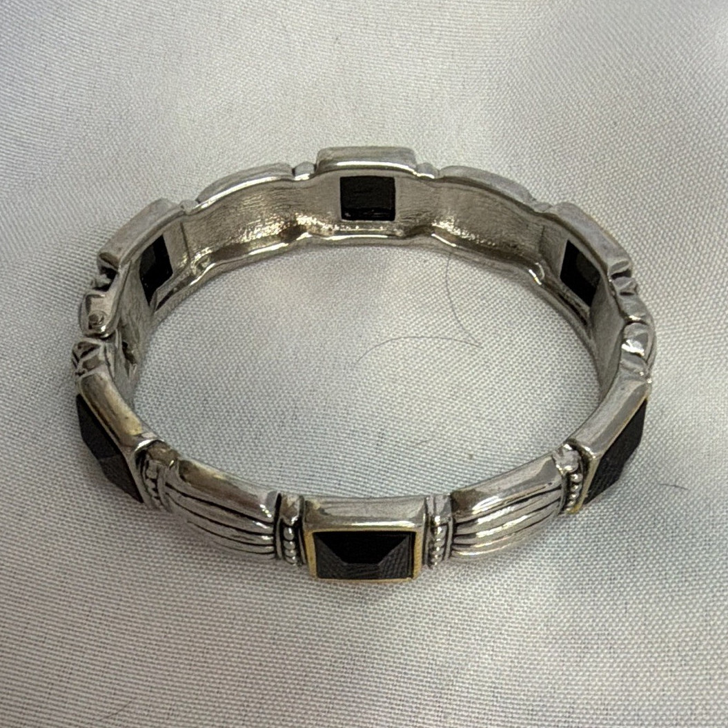 Silver Tone Hinged Bangle Bracelet Black Faceted Stone Gold Tone Accents Vintage