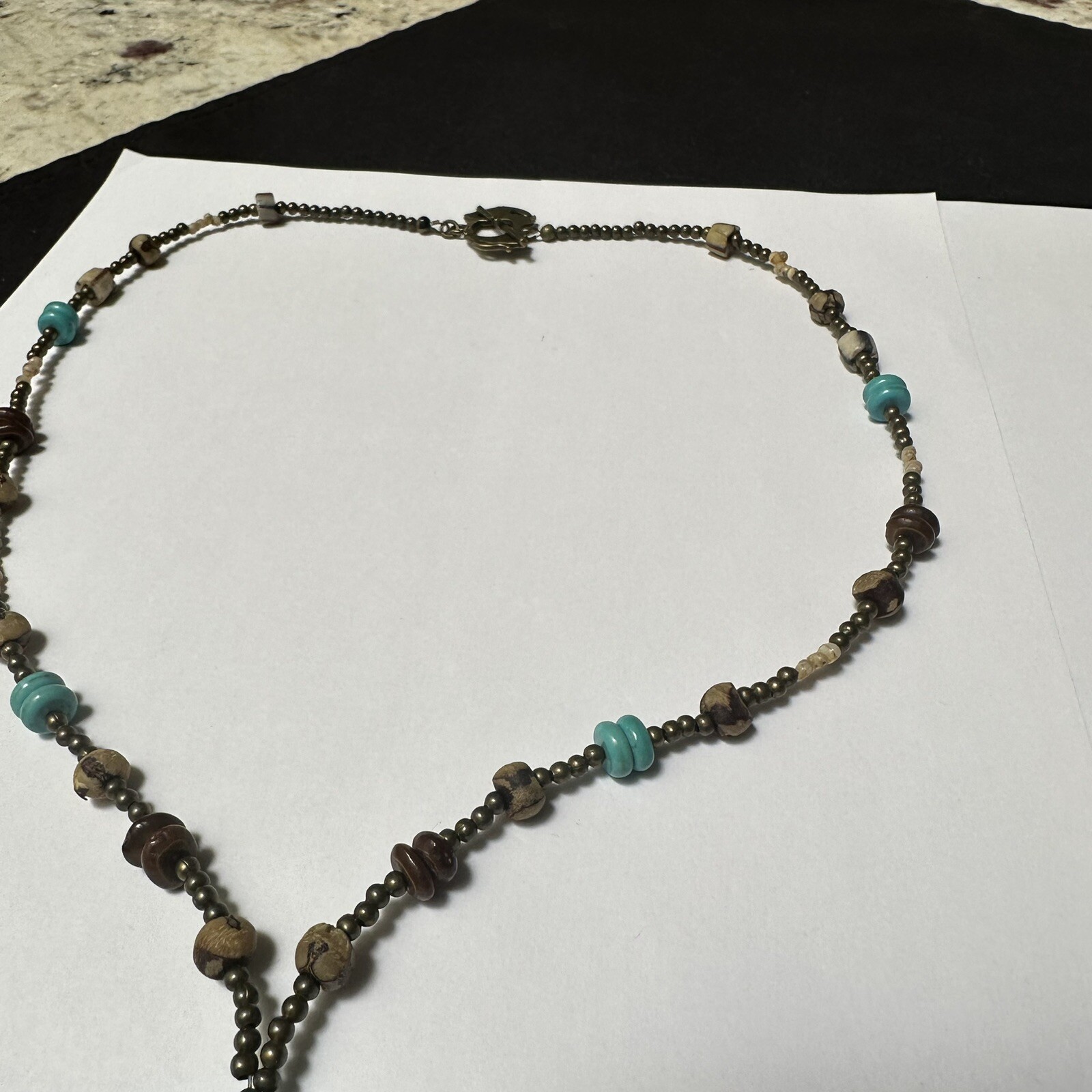 Women’s Hand Crafted Silver Tone / Blue & Brown Beaded Necklace – Stone Heart