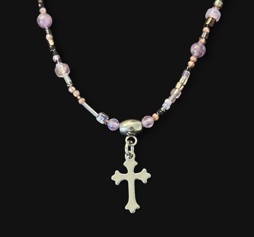 handcrafted stainless steel/purple beaded cross bracelet (44cm length)