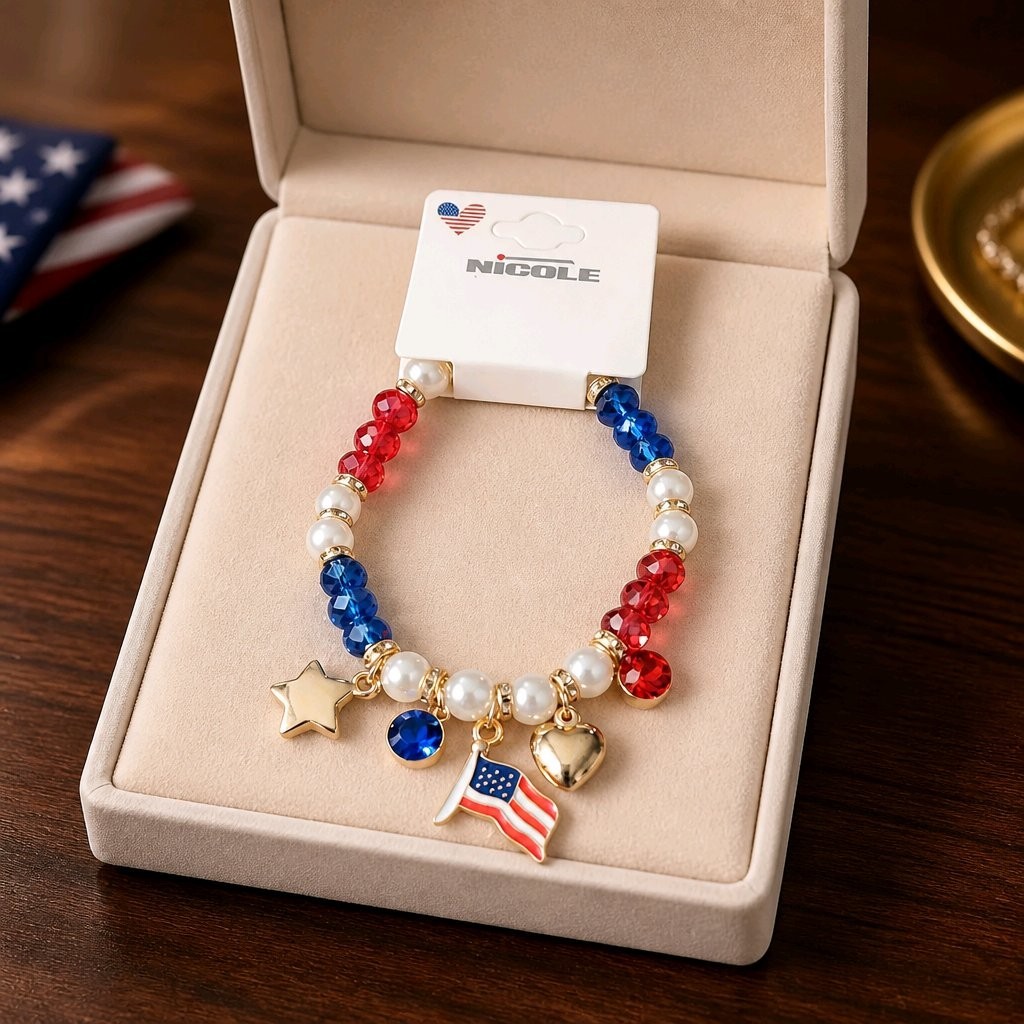 Patriotic Charm Bracelet Red White Blue Faux Pearl Crystal US Flag 4th July Gift