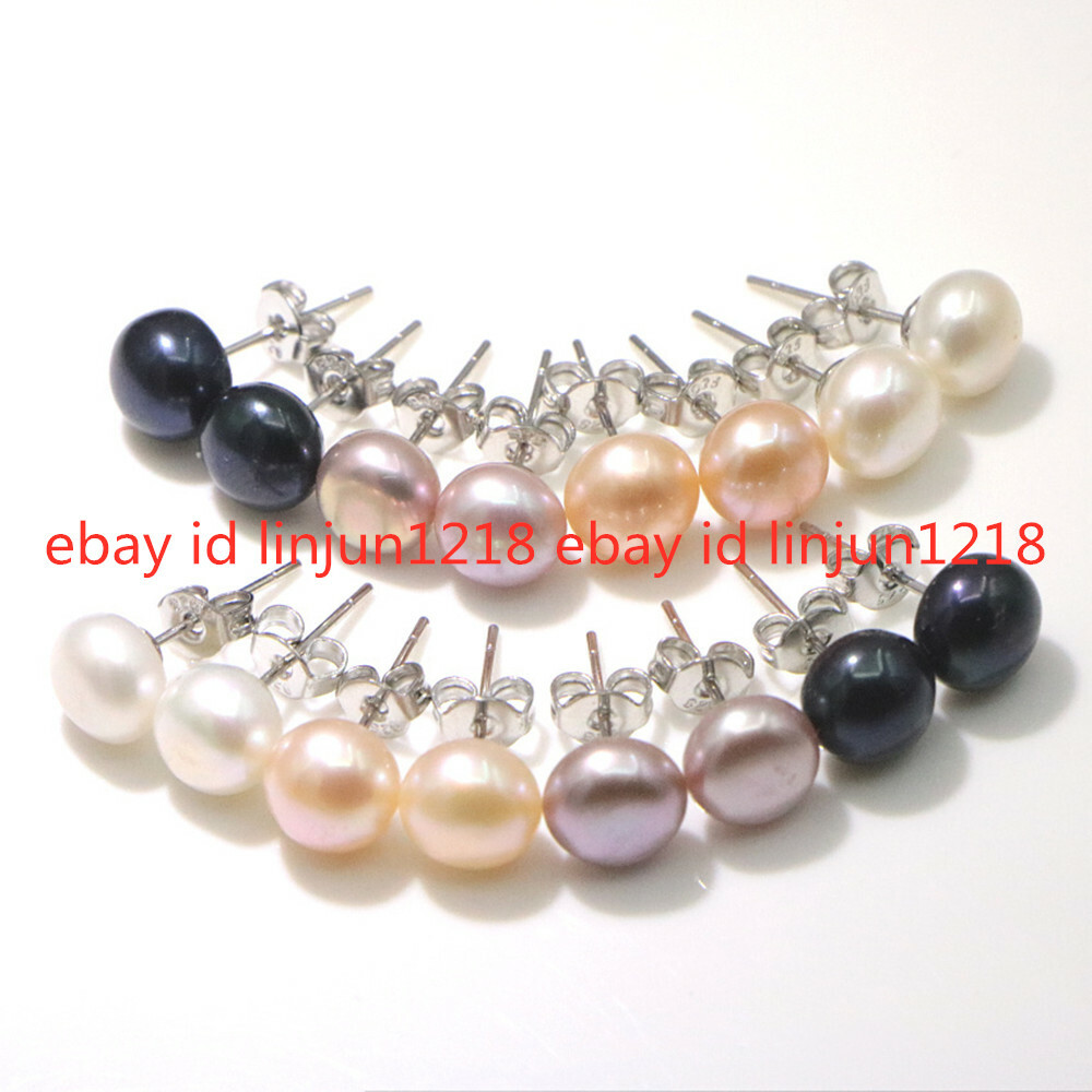 Wholesale 8 Pair 7-8/8-9/9-10mm Multicolor Pearl 925 Sterling Silver Earring