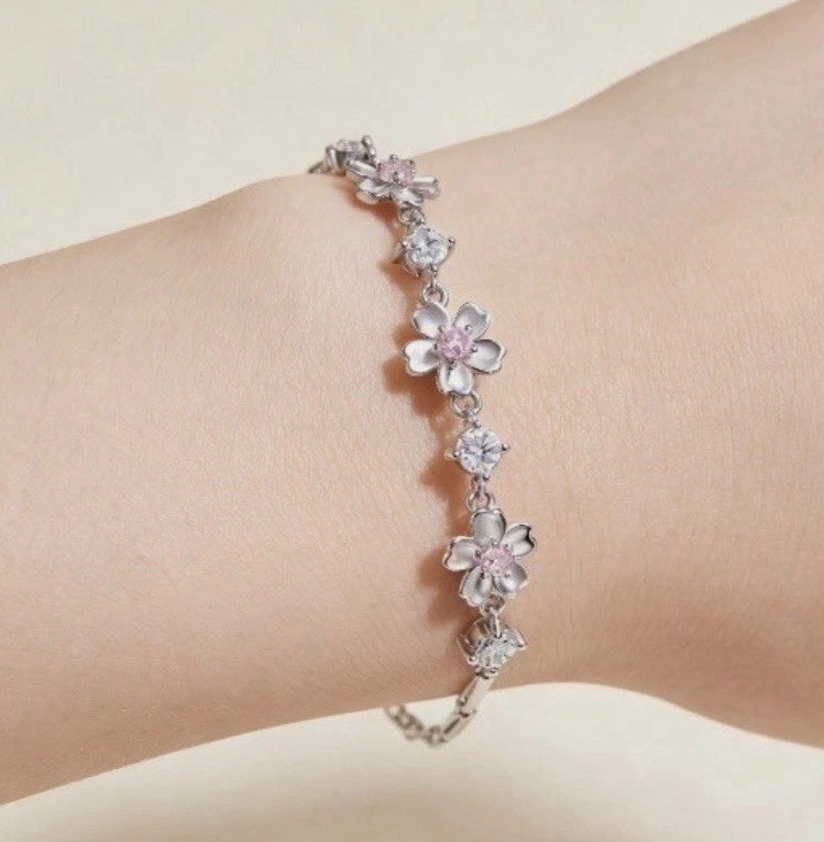 Pink Crystal Flower Tennis Bracelet 925 Sterling Silver Dainty Girly +FREE GIFT