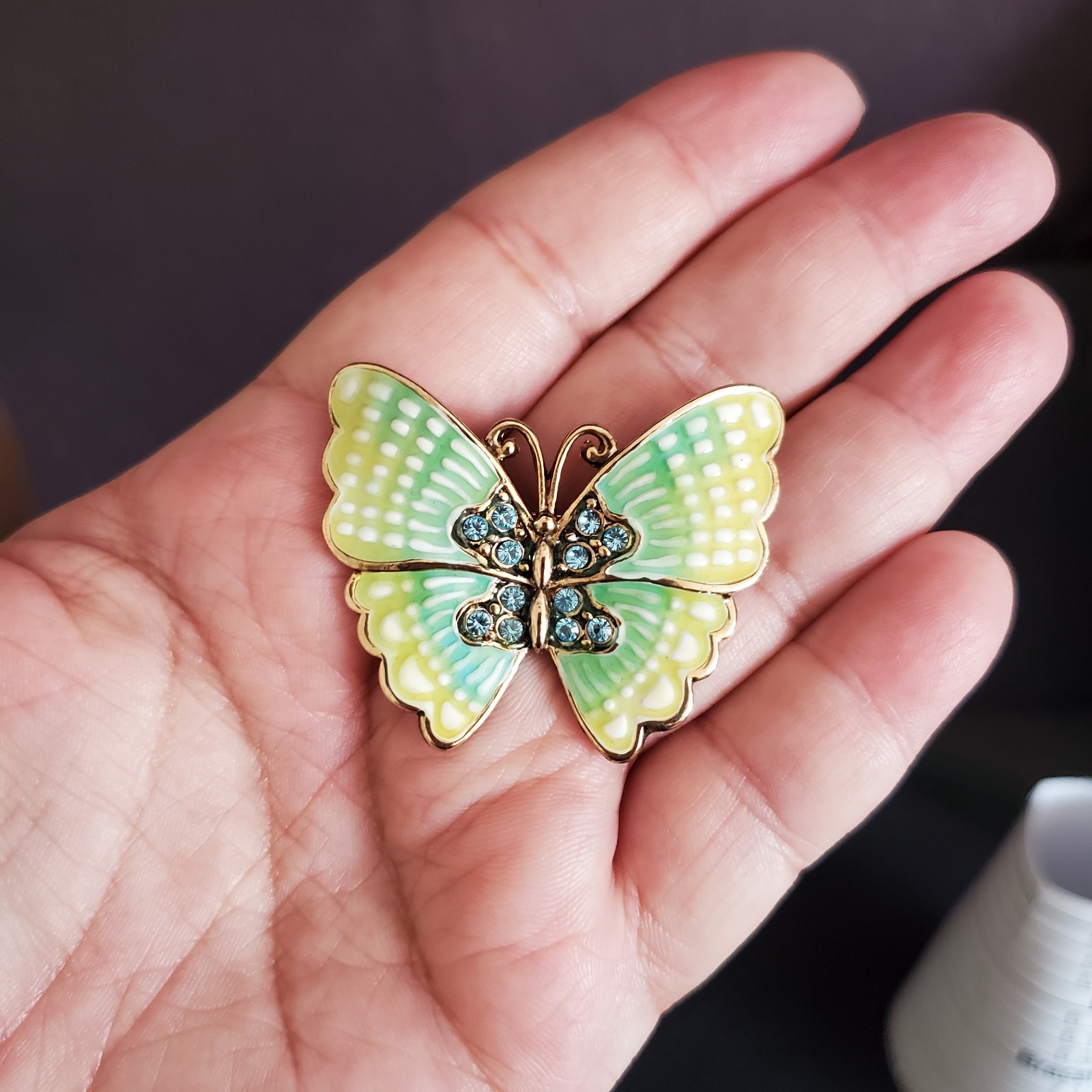 Monet Butterfly Pin Brooch Gold tone with Green & Yellow Enamel with Blue Stones