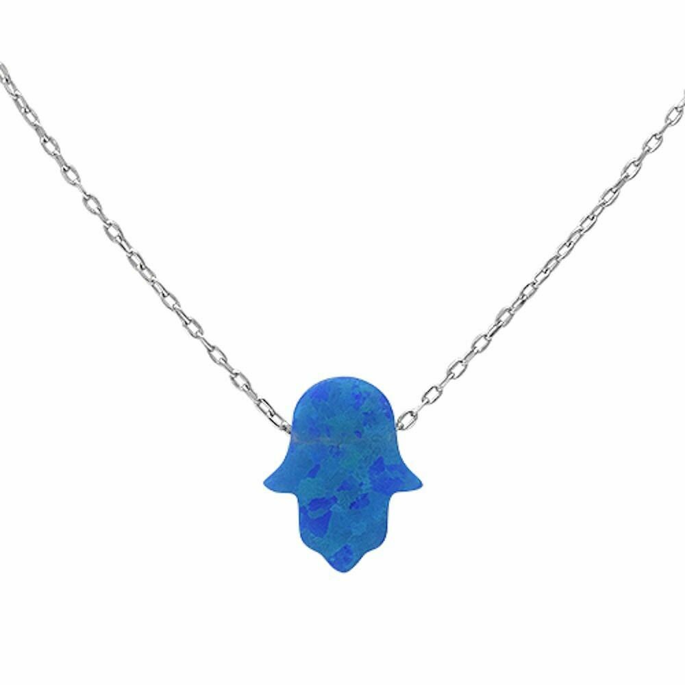 Turkish! Trendy Blue Opal Hamsa Symbol .925 Sterling Silver Pendant Necklace