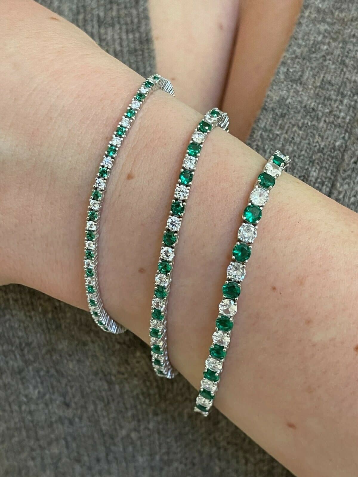 Tennis Bracelet SOLID 925 Sterling Silver Iced Simulated Diamond & Green Emerald