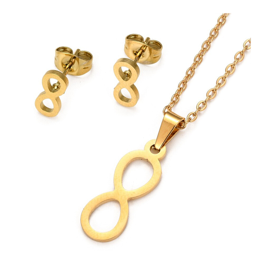 Stainless Steel Set Pendant Necklace Earrings Infinity 15.7″ 0.7mm Z808