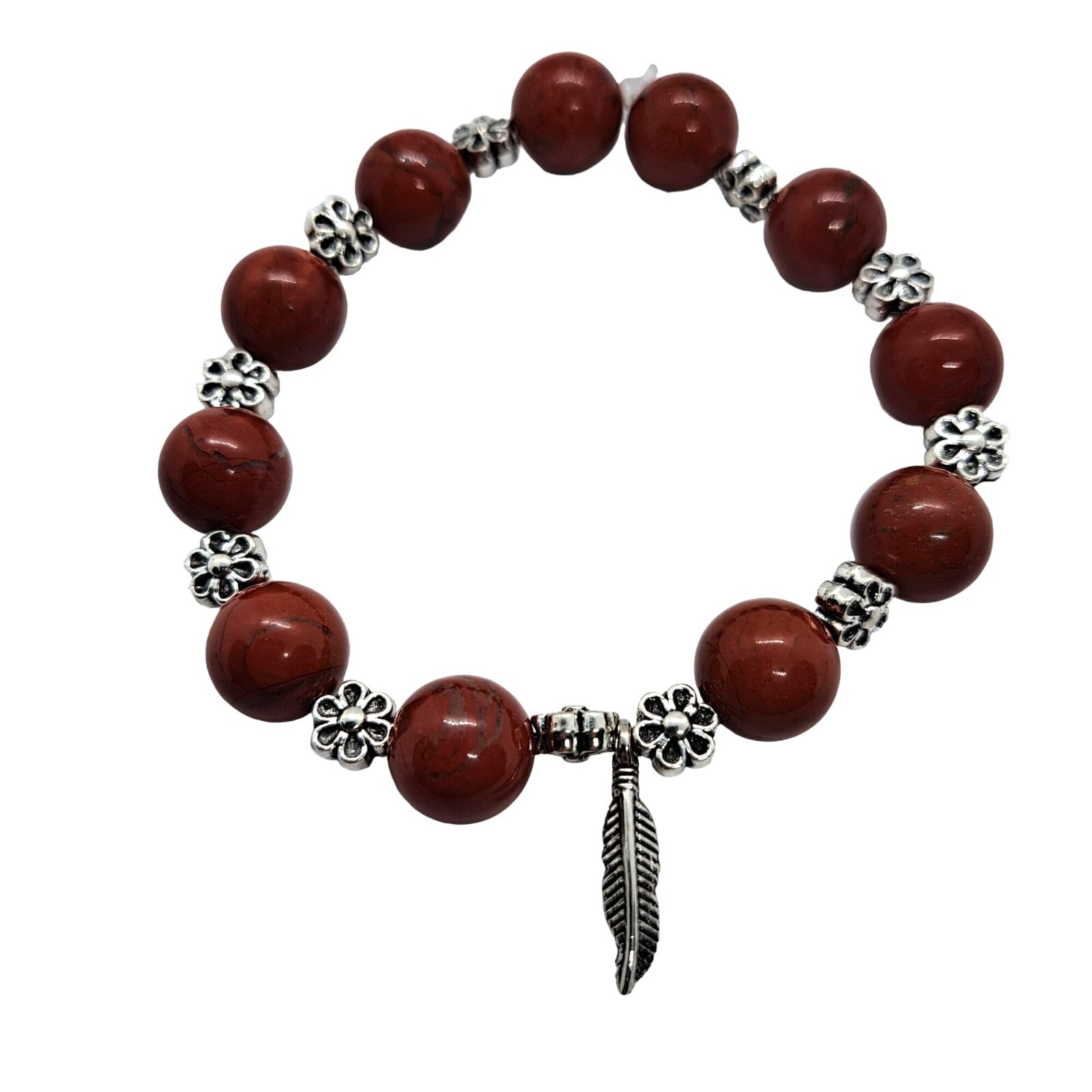 Jasper beaded stretch bracelet red feather charm flower spacers
