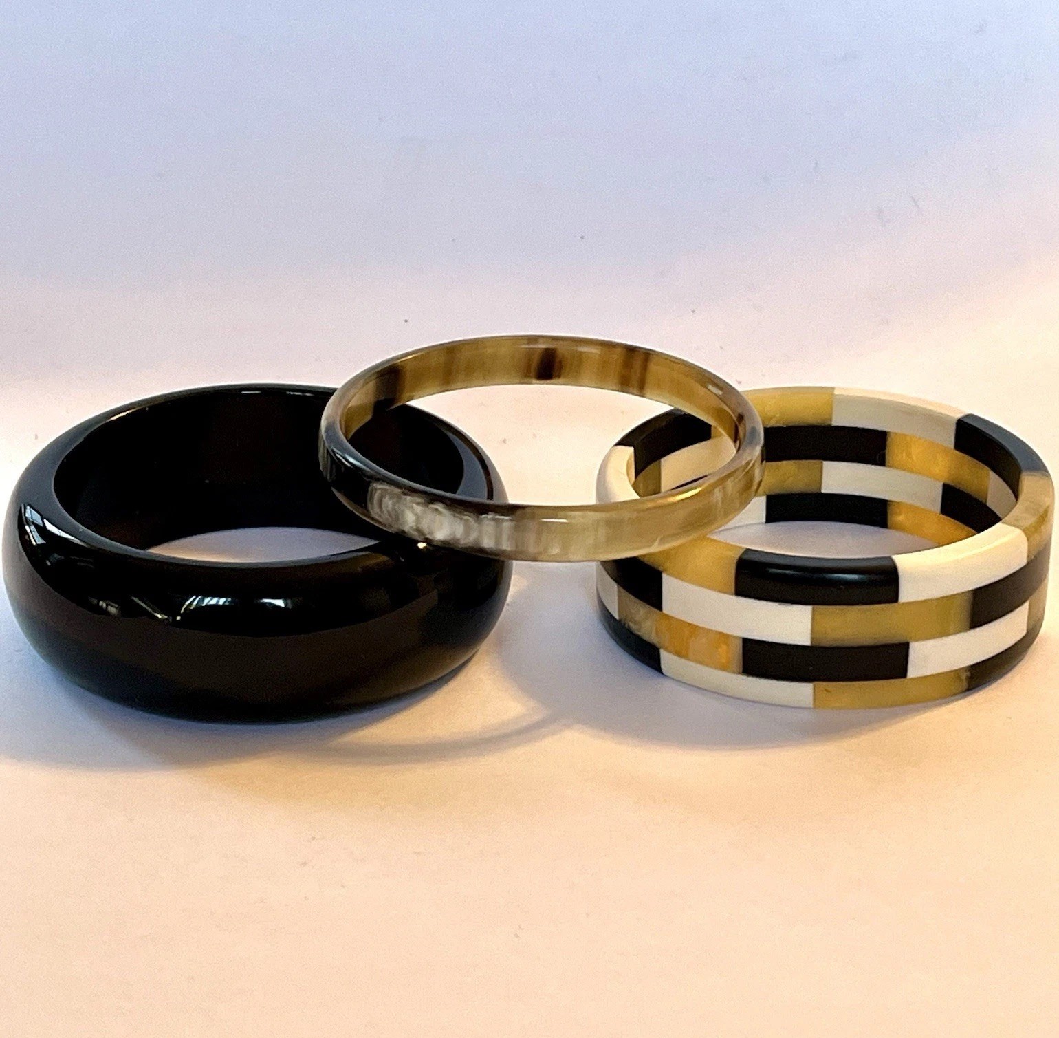 3 Resin Acrylic Bangles Laminated Inlay Black Domed Slim Marbled Retro Mod Stack