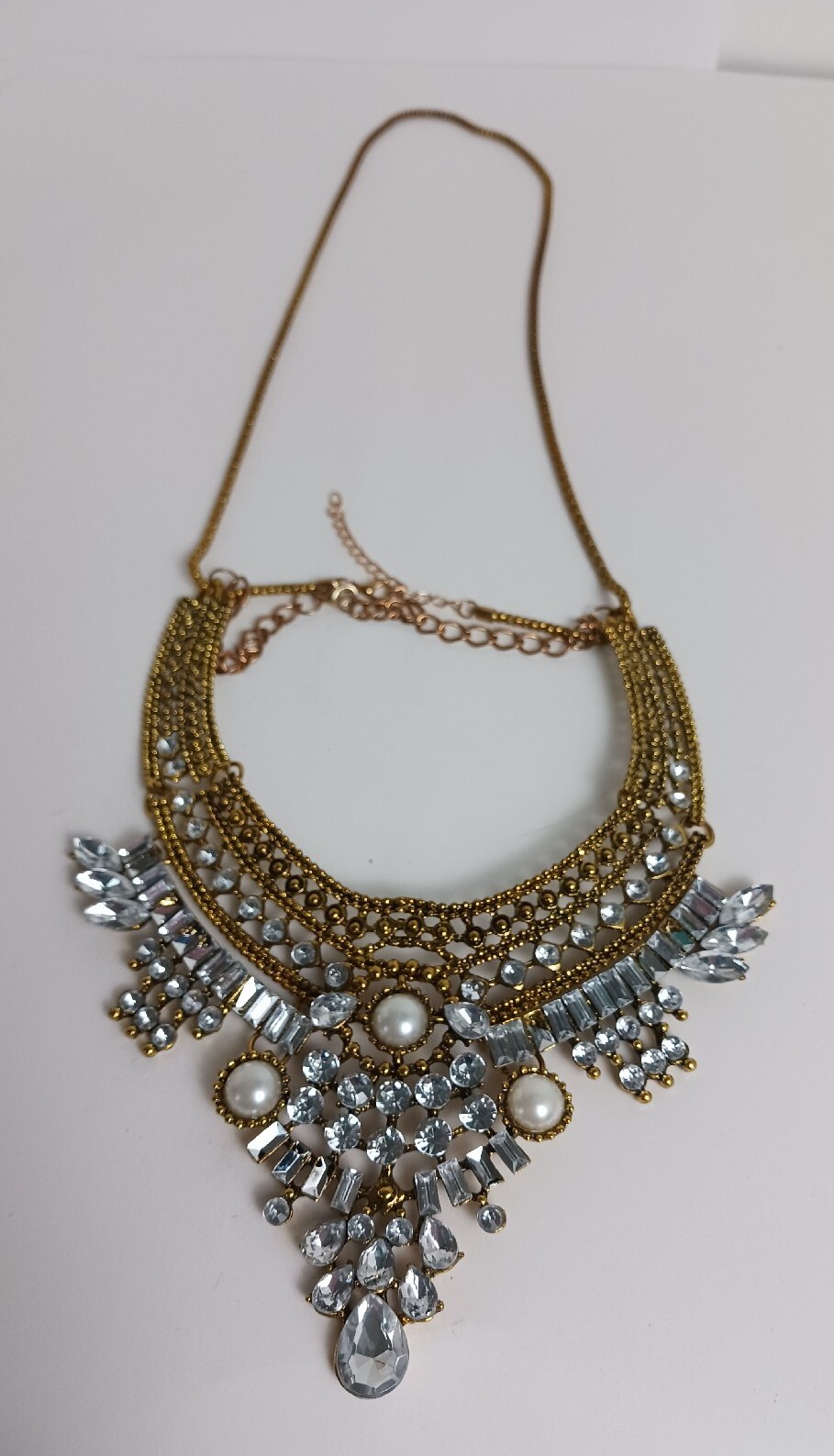 Gorgeous Brass Tone Statement Necklace Faux Pearl And Cubic Zirconia Chocker