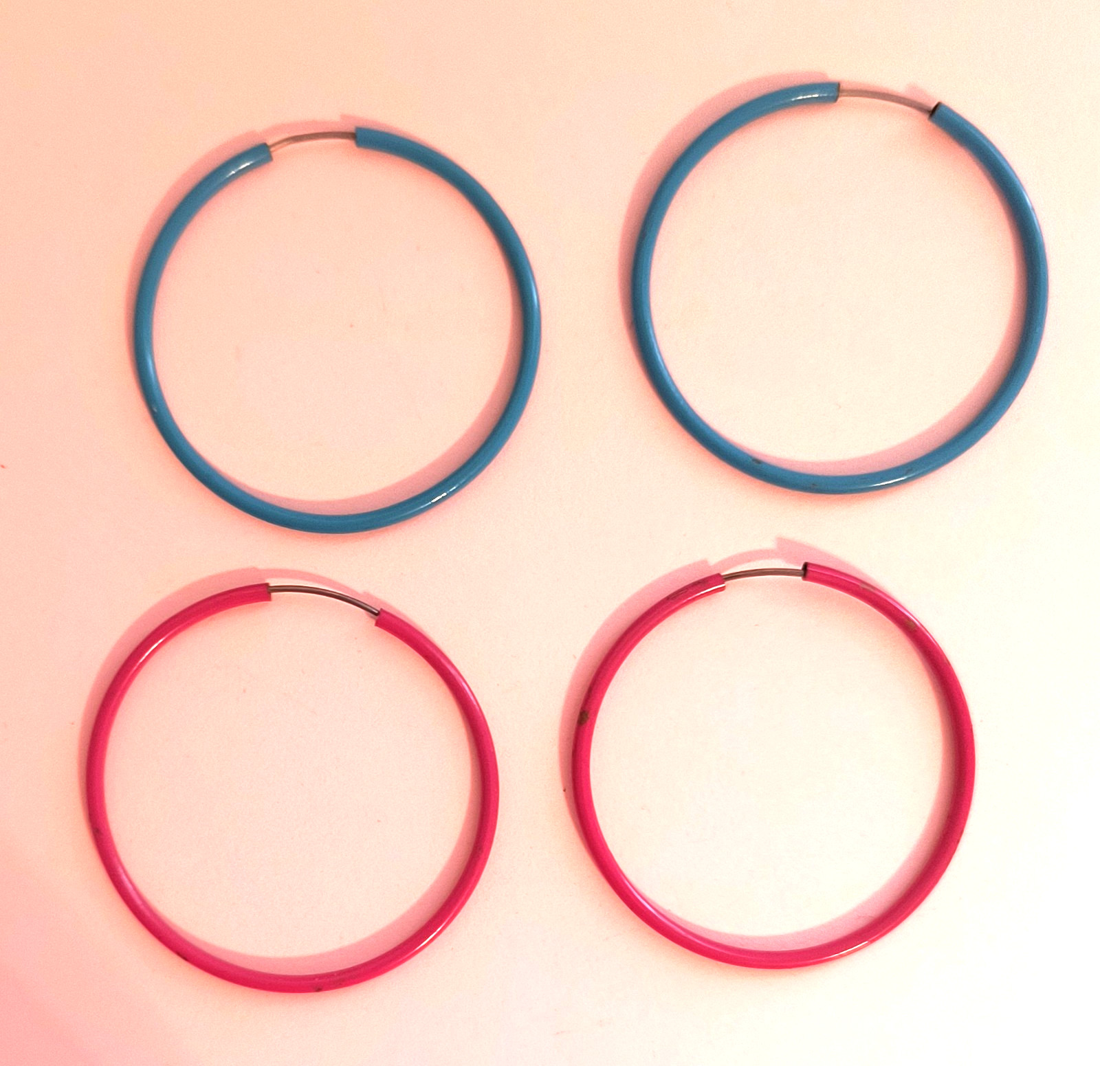 2 Pairs Hoop Metal Earrings for Pierced Ears Aqua Dark Pink 1 3/4 Inches