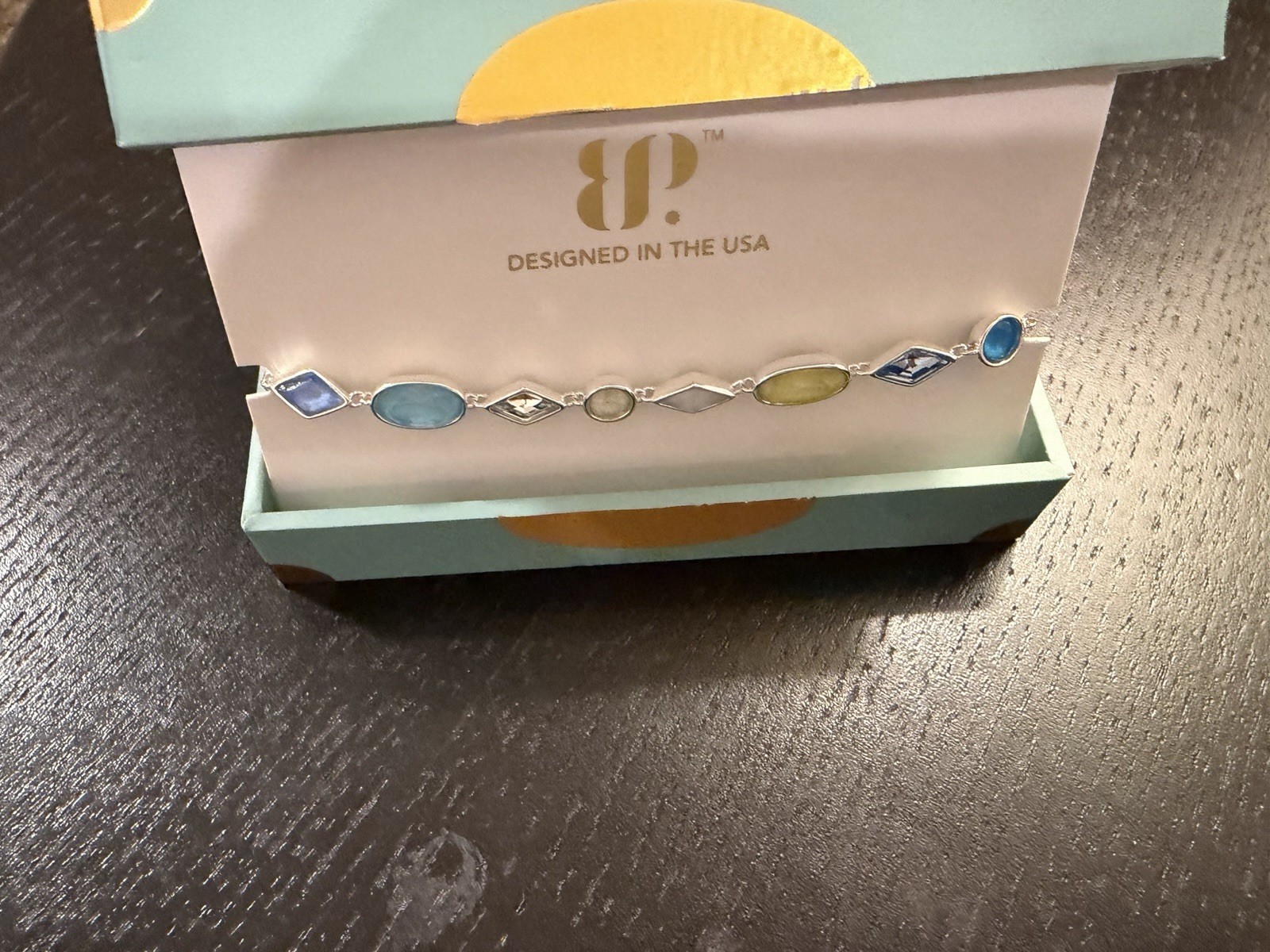 BP Silver Tone Link Chain Bracelet Multicolor Marquise Gemstones Bezel