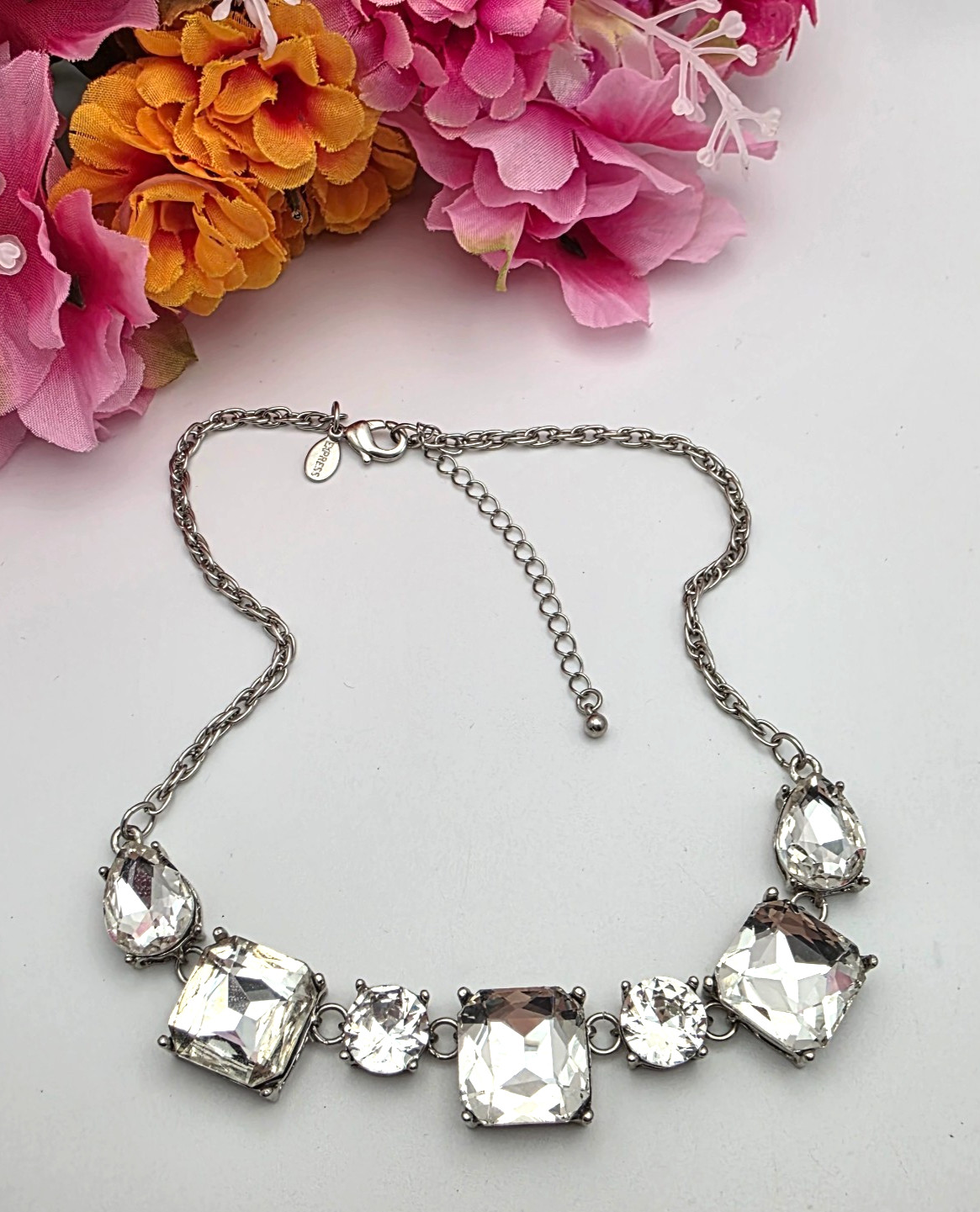 Express Silver Tone Clear Crystal Bib Necklace, Square Teardrop Statement 19 in