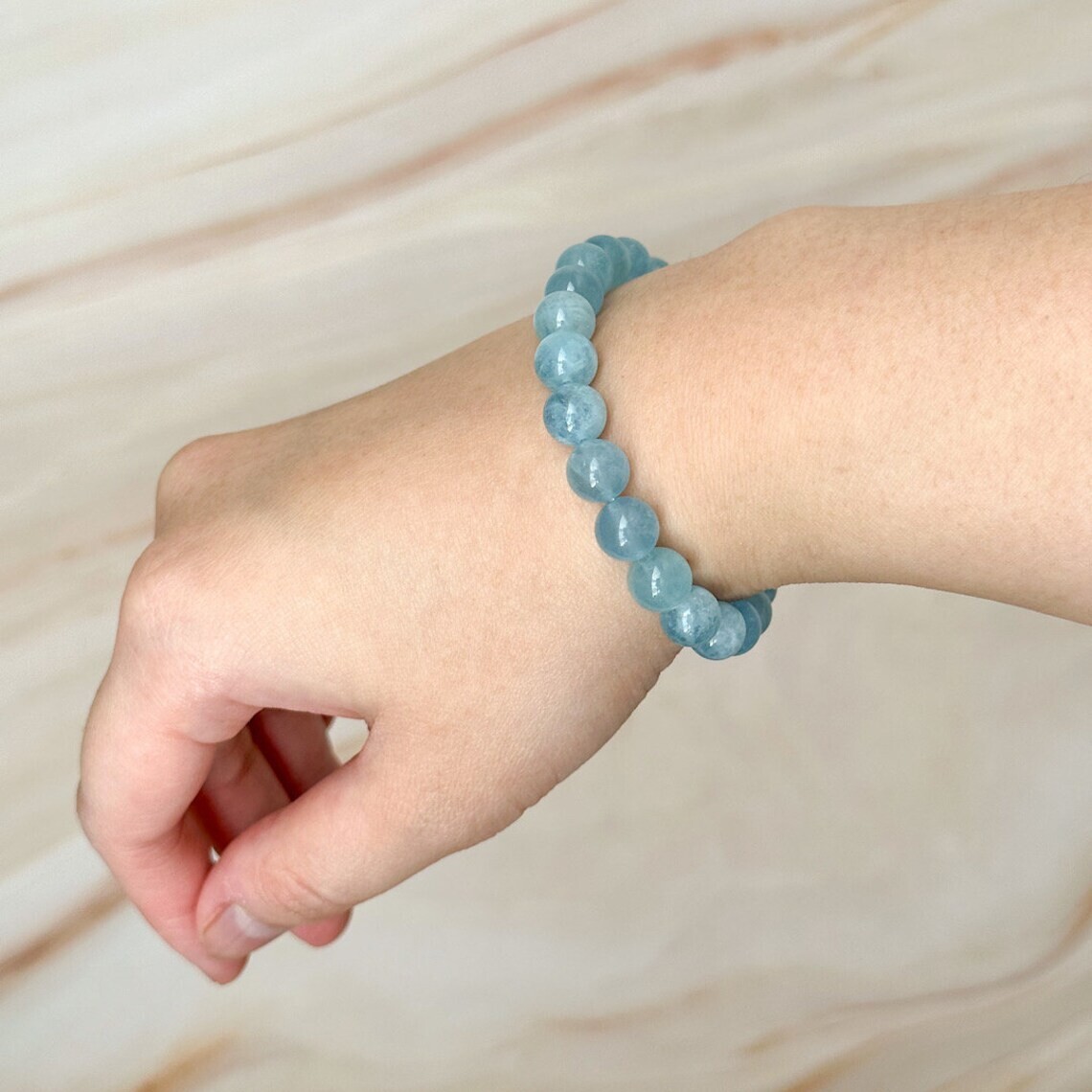 Natural 8mm Aquamarine Stone Bracelet Aqua Crystal Stretch Bracelet Handmade
